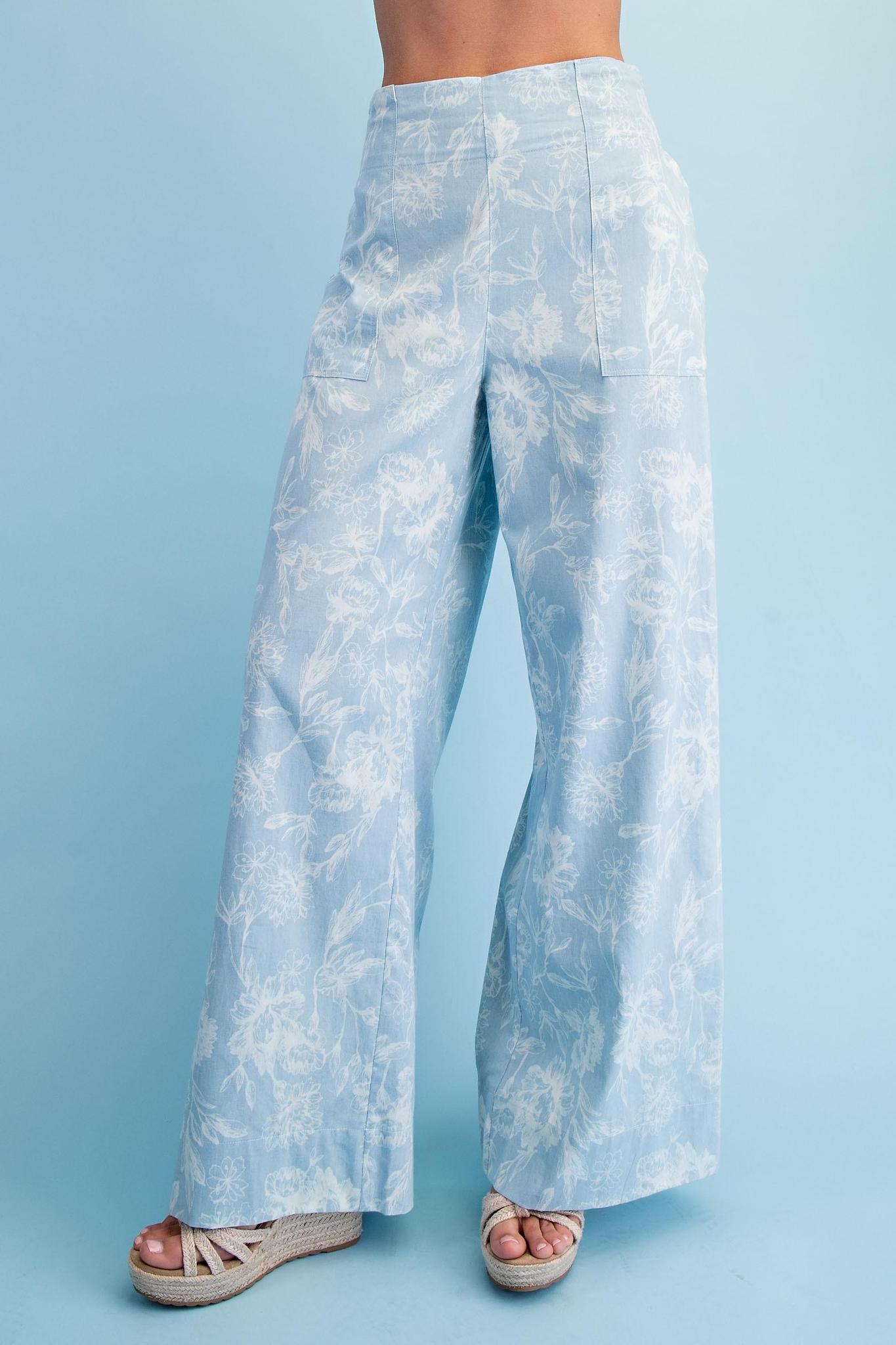 Light Denim Floral Print Wide Leg Pants