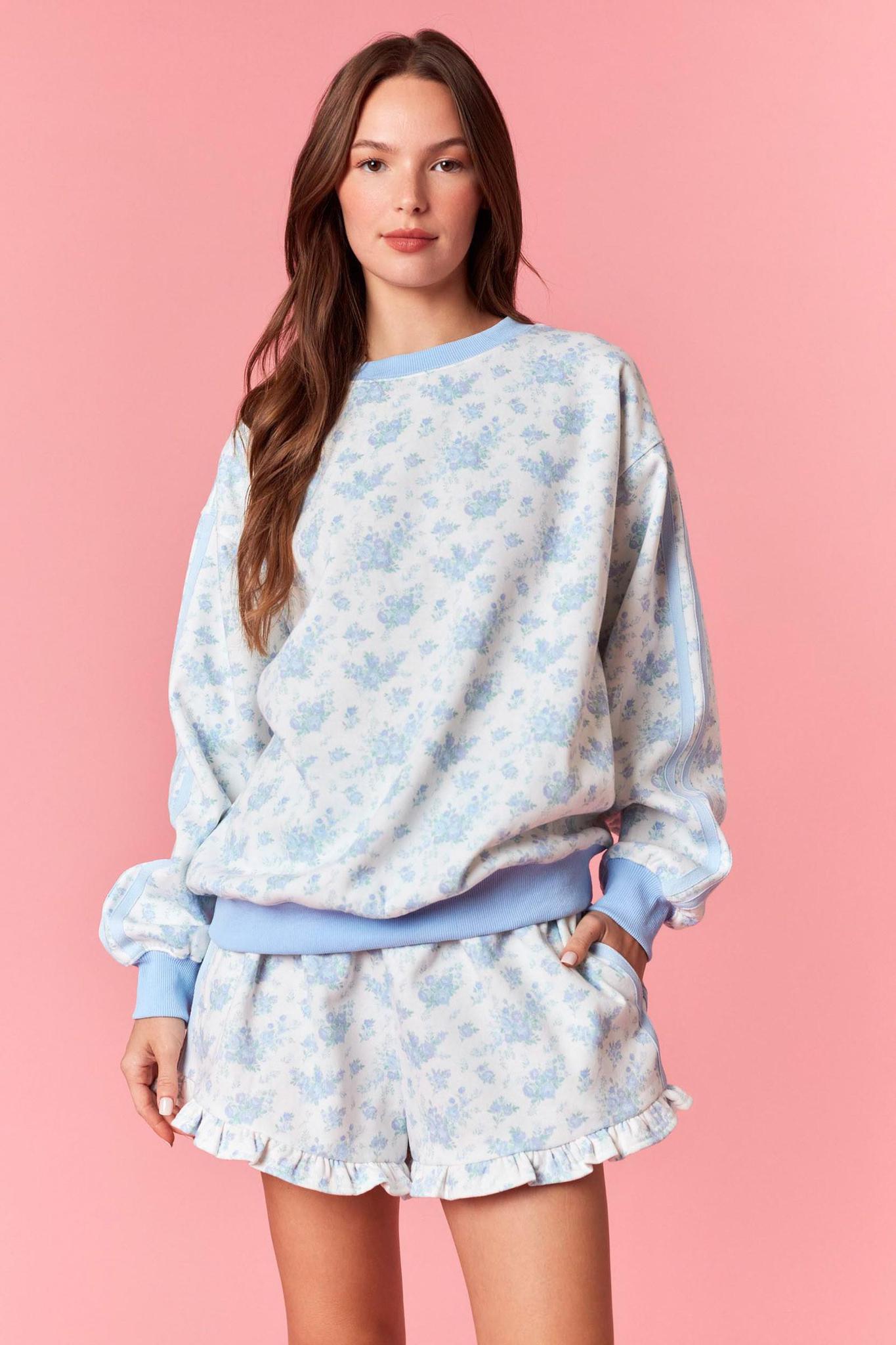 Blue Floral Print Terry Sweatshirt