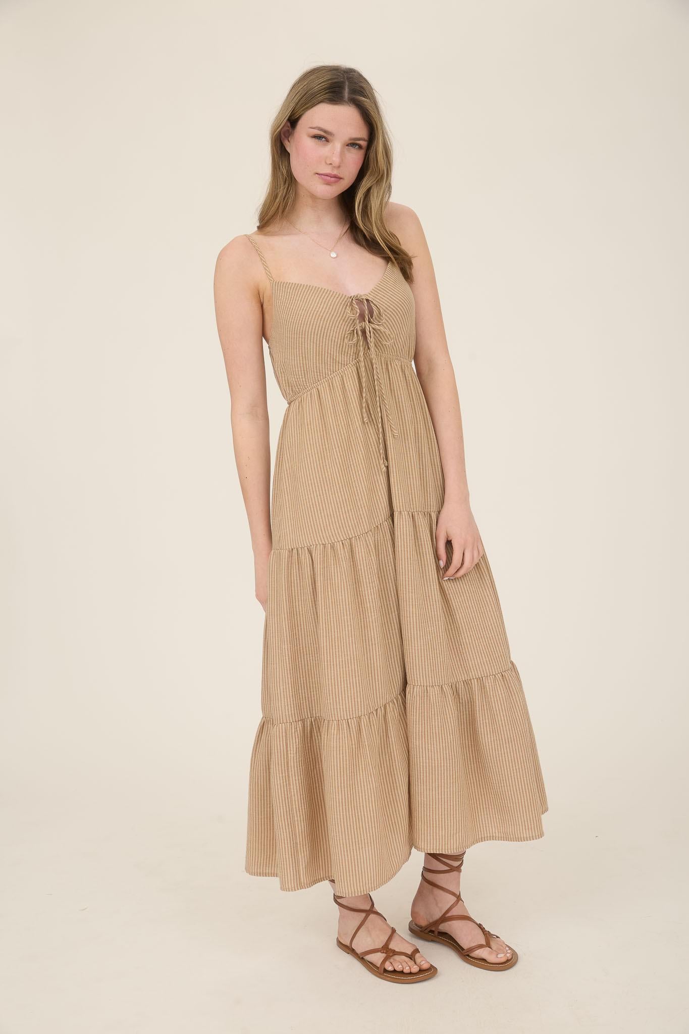 Striped Front Tie Tiered Midi Sundress