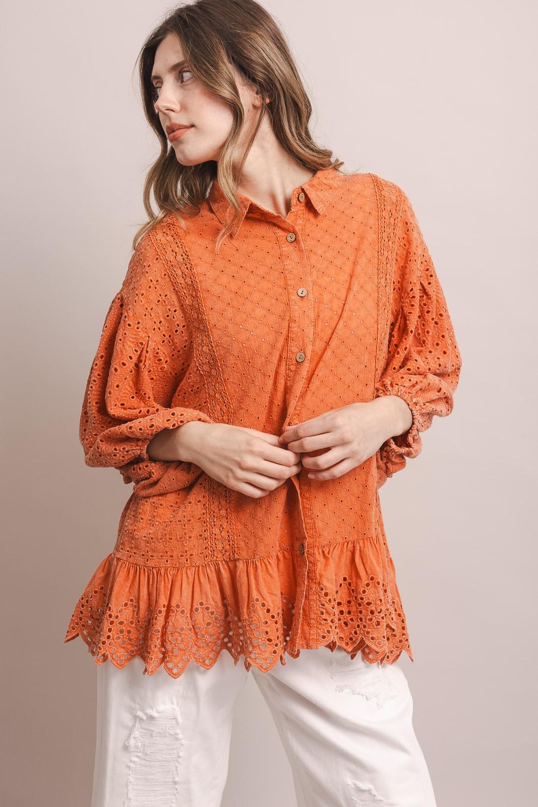 Coral 3/4 Sleeve Balloon Sleeve Eyelet Ruffle Blouse