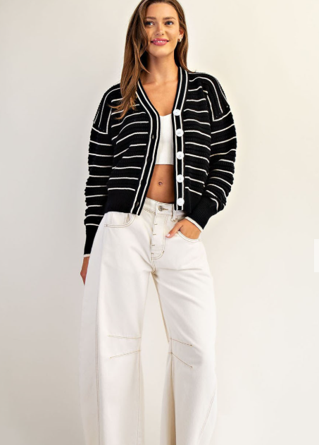 Black Textured Open Stitch Striped Knit Cardigan