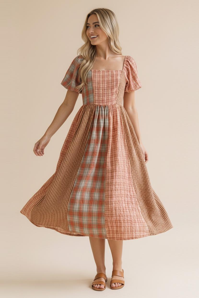 Square Neck Stripe Plaid Check Color Block Dress