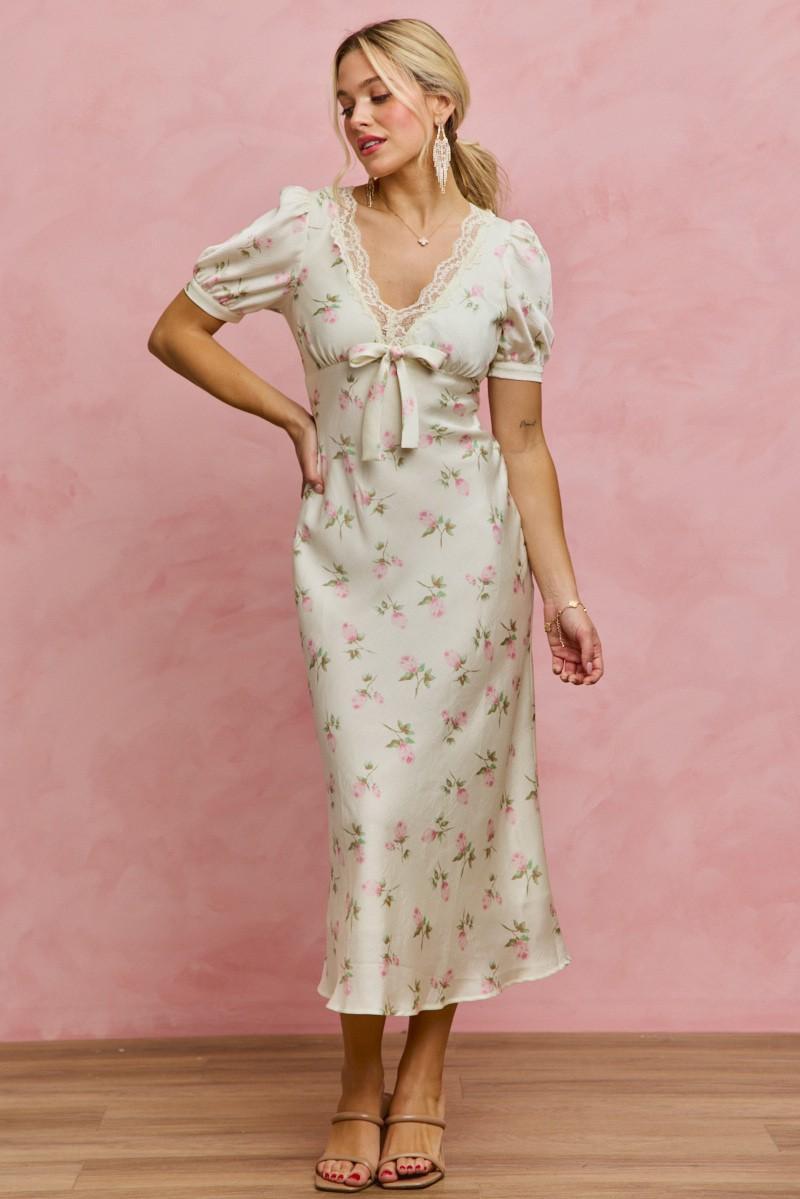 Floral Satin Print Lace Trim Midi Dress