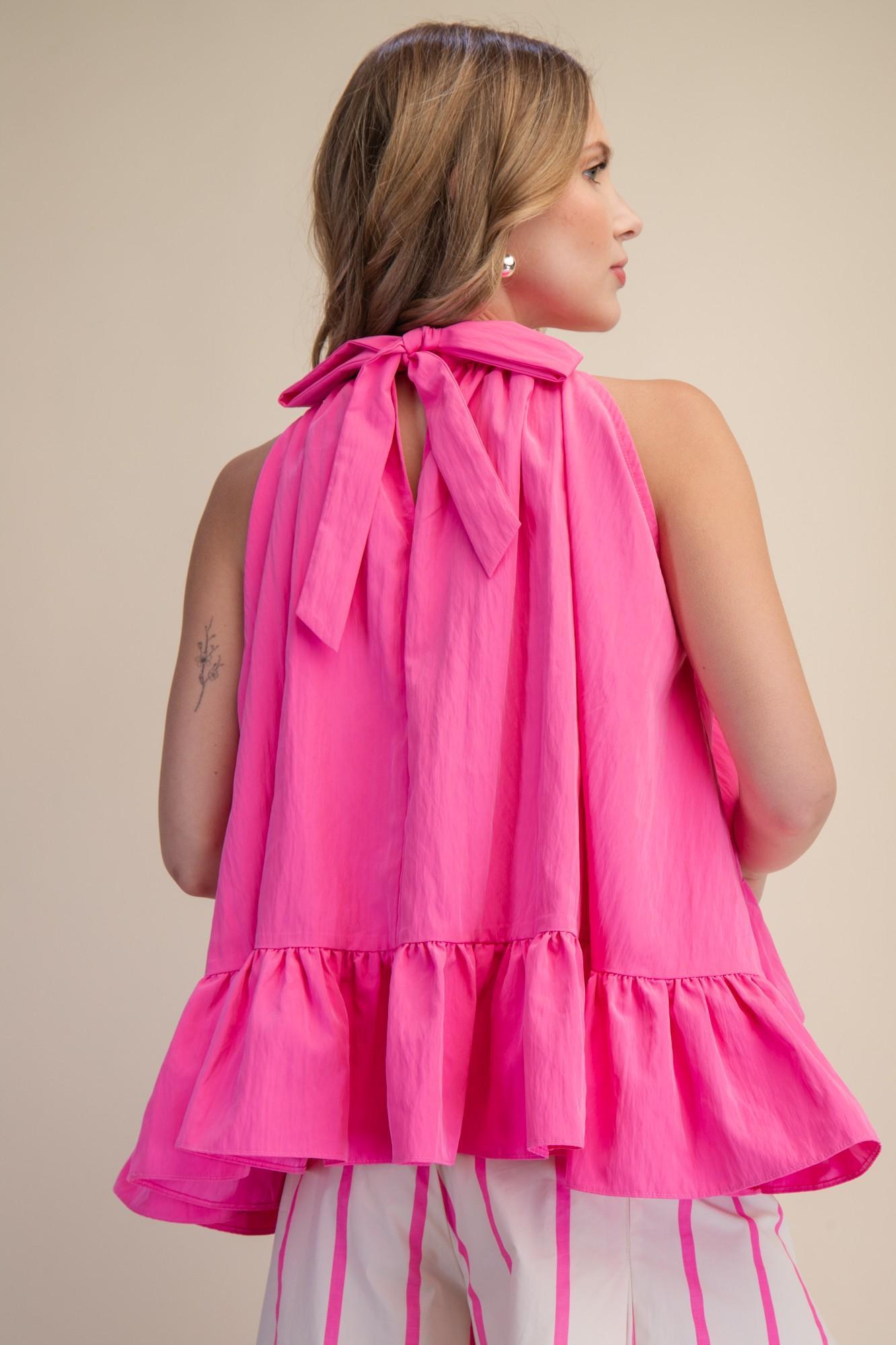 Pink Halter Neck Sleeveless Ruffle Top