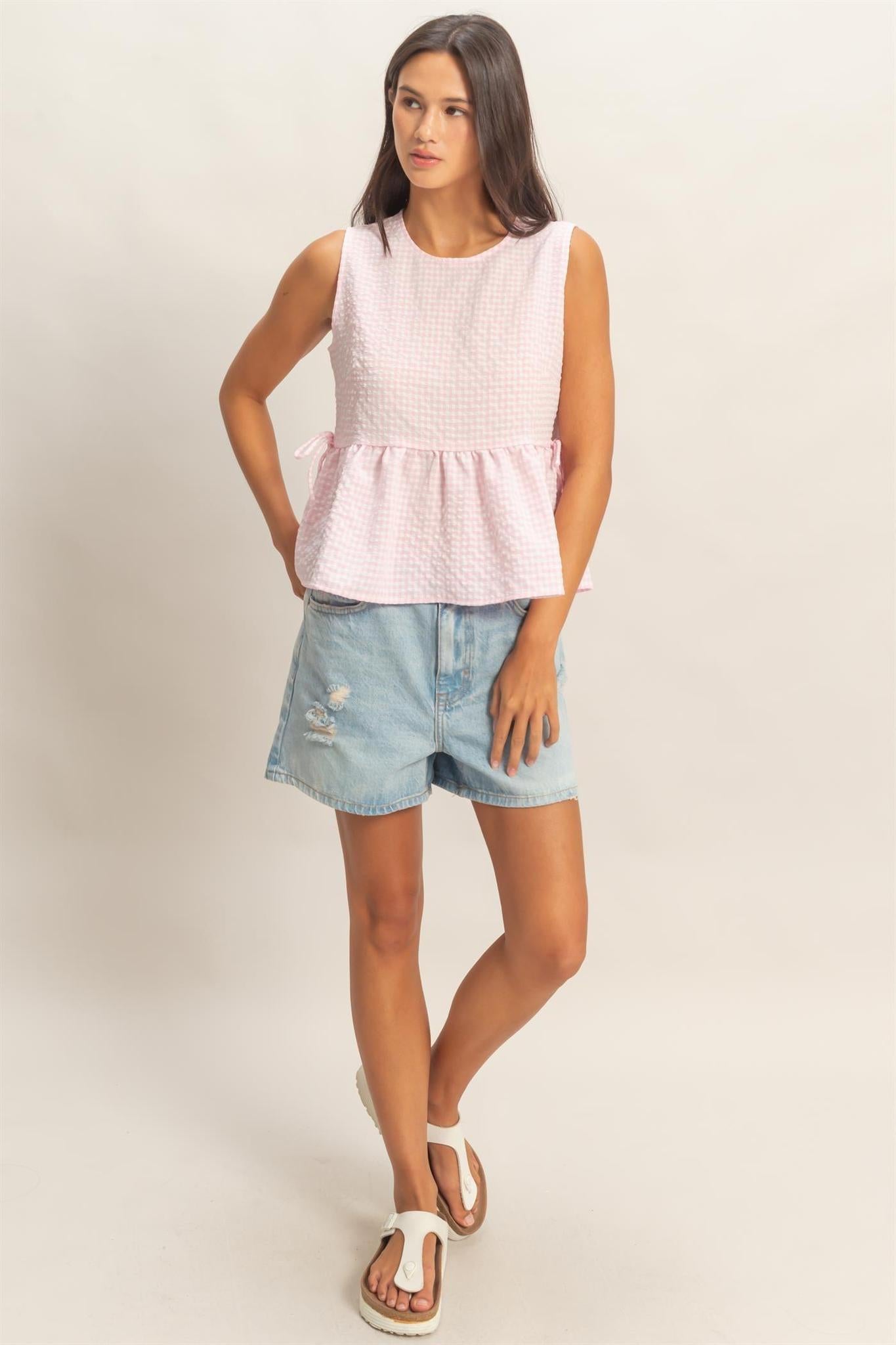 Pink Gingham Sleeveless Peplum Top with Side Ties
