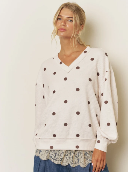 CREAM - POLKA DOT LONG SLEEVE TEXTURED KNIT TOP