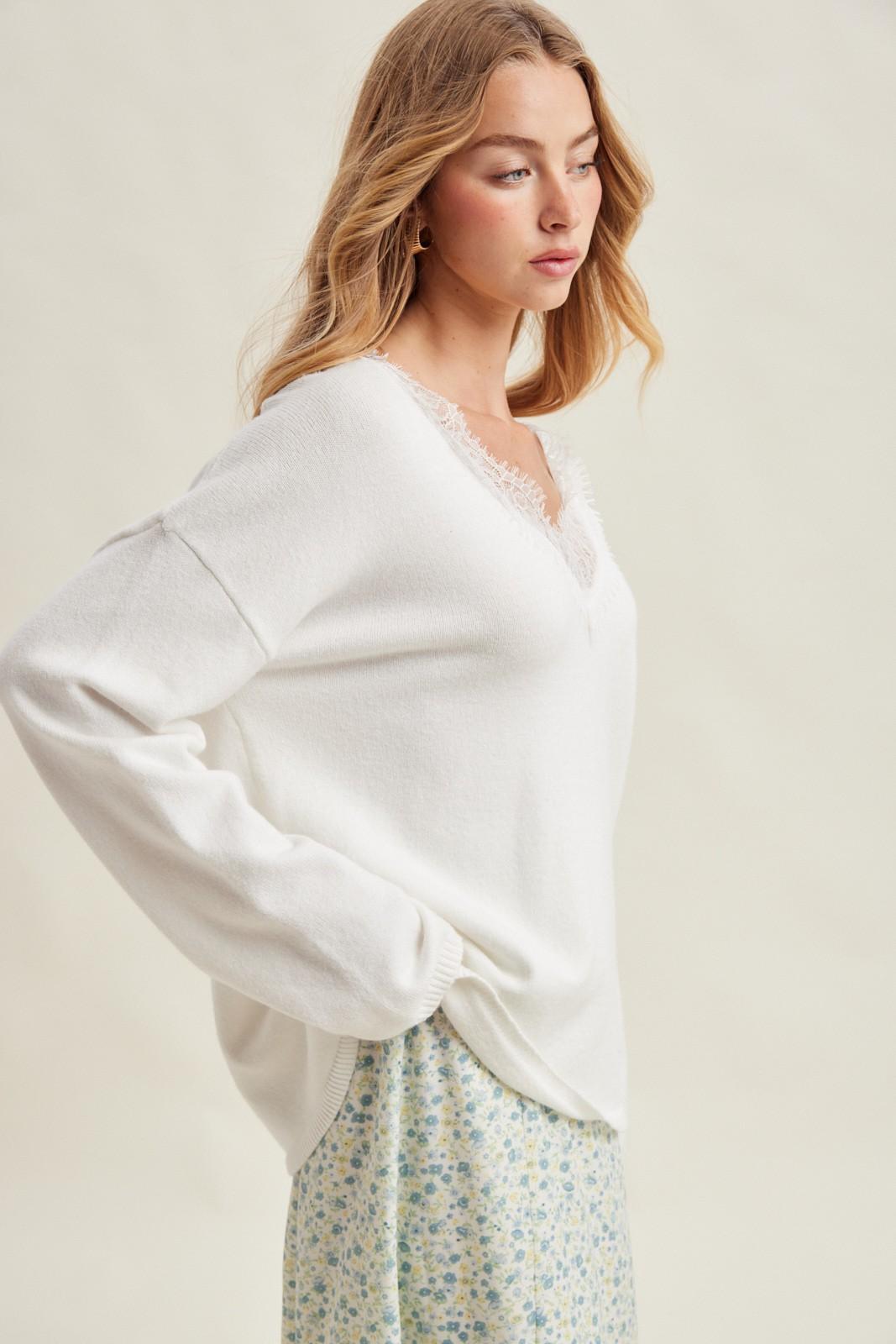 Off-White Lace Trim V-neck Sweater
