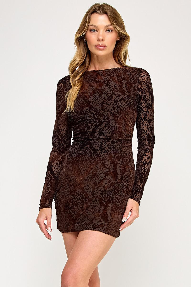 Dark Brown Mesh Long Sleeve Mini Dress
