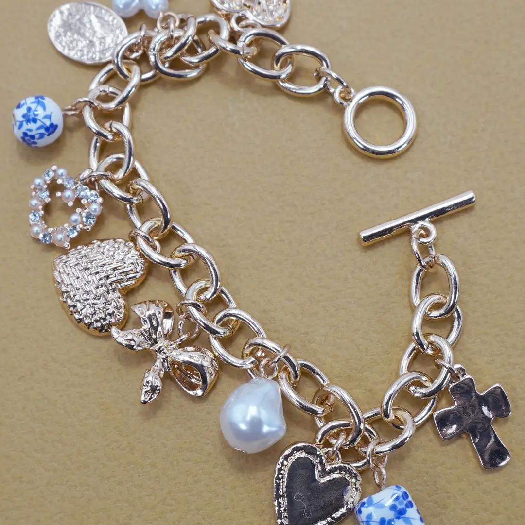 Ceramic Porcelain Heart Bow Pearl Charm Bracelet