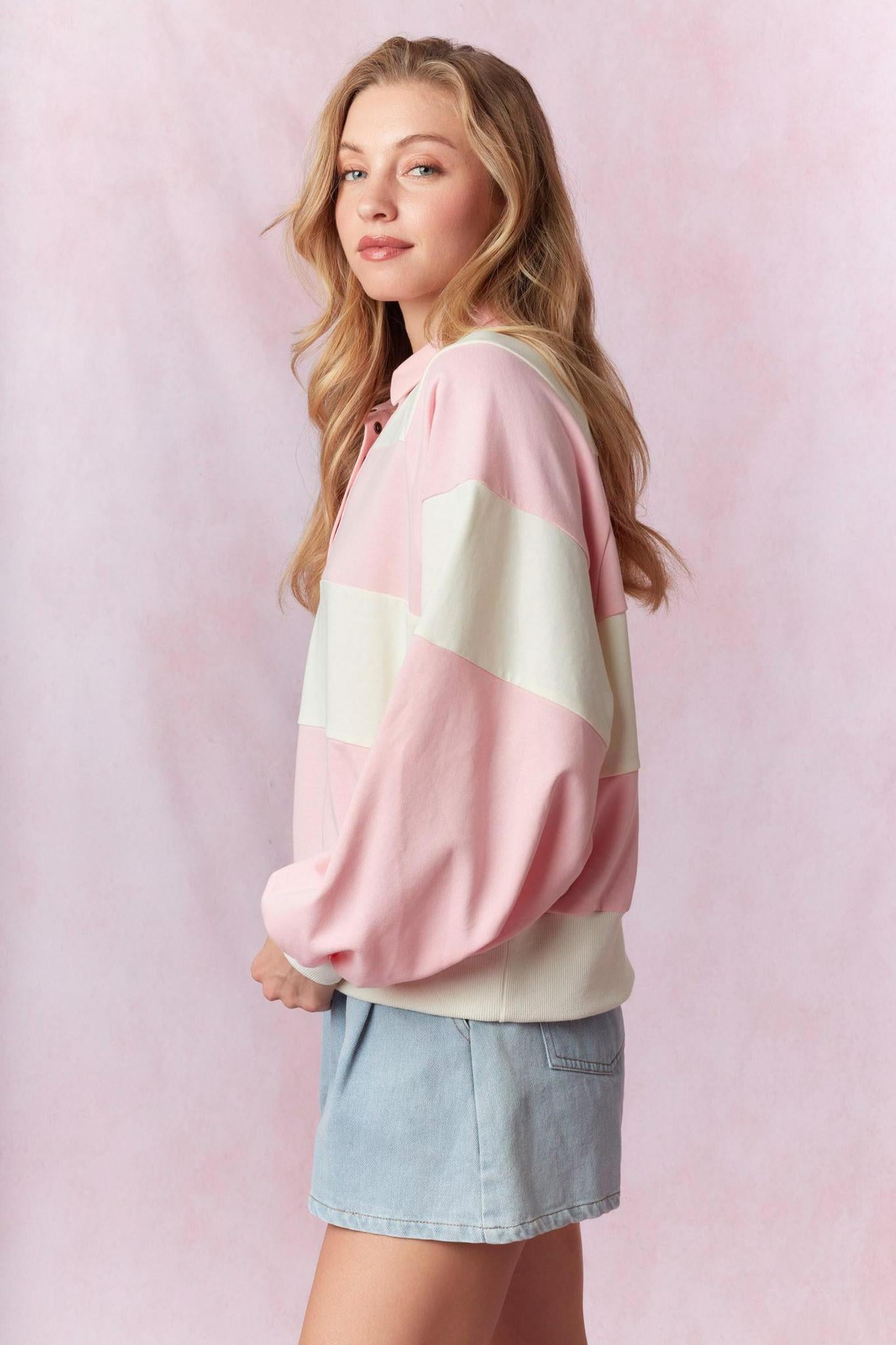 Pink/ivory Striped Snap Button Pullover