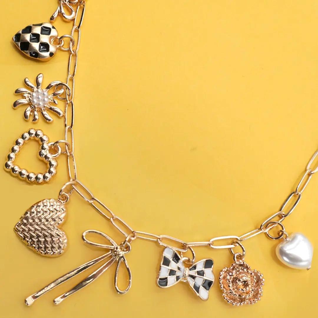 Charm Necklace-Bow Checker Heart Floral