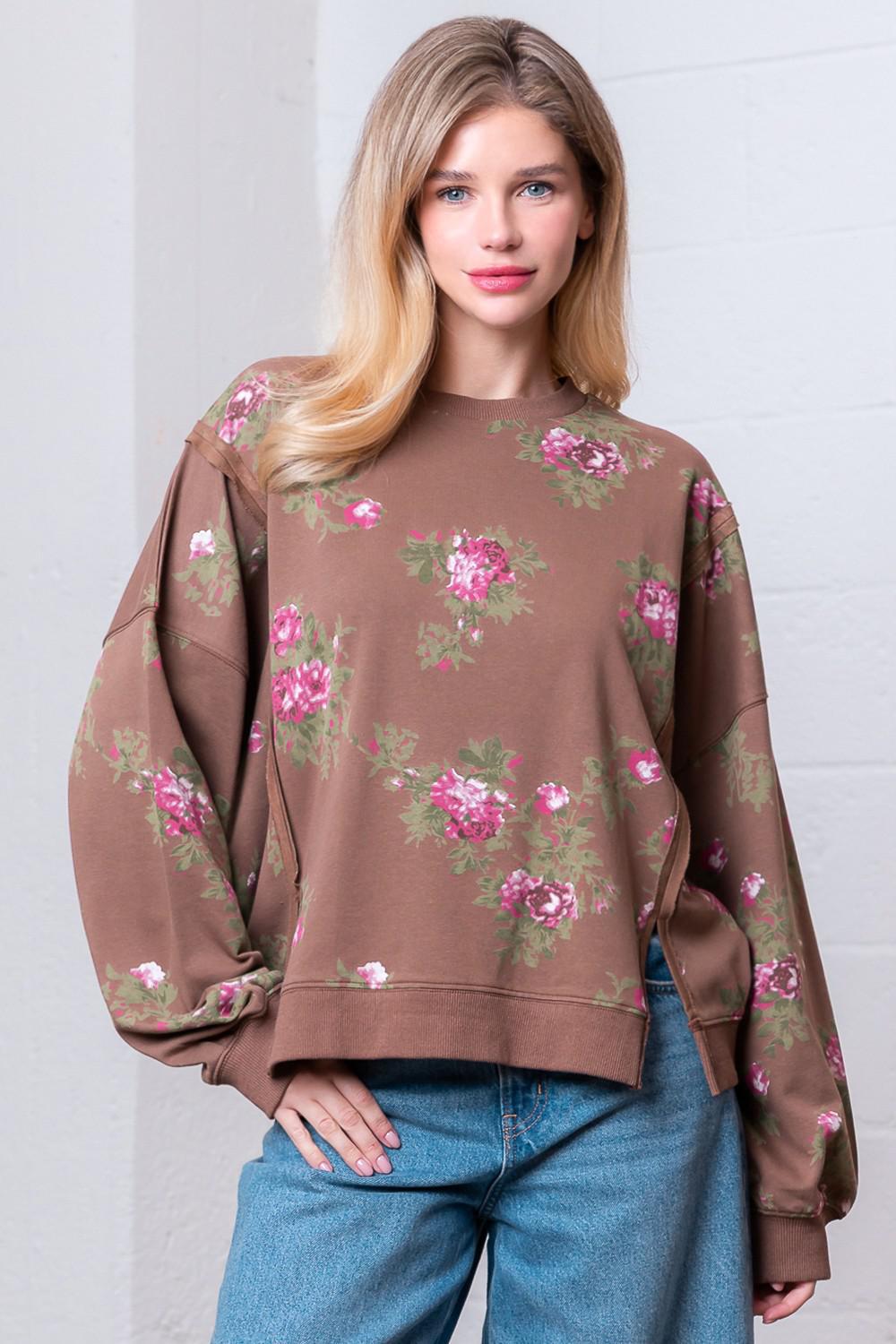 Chestnut Boat Neck Flower Printed Sweatshirt