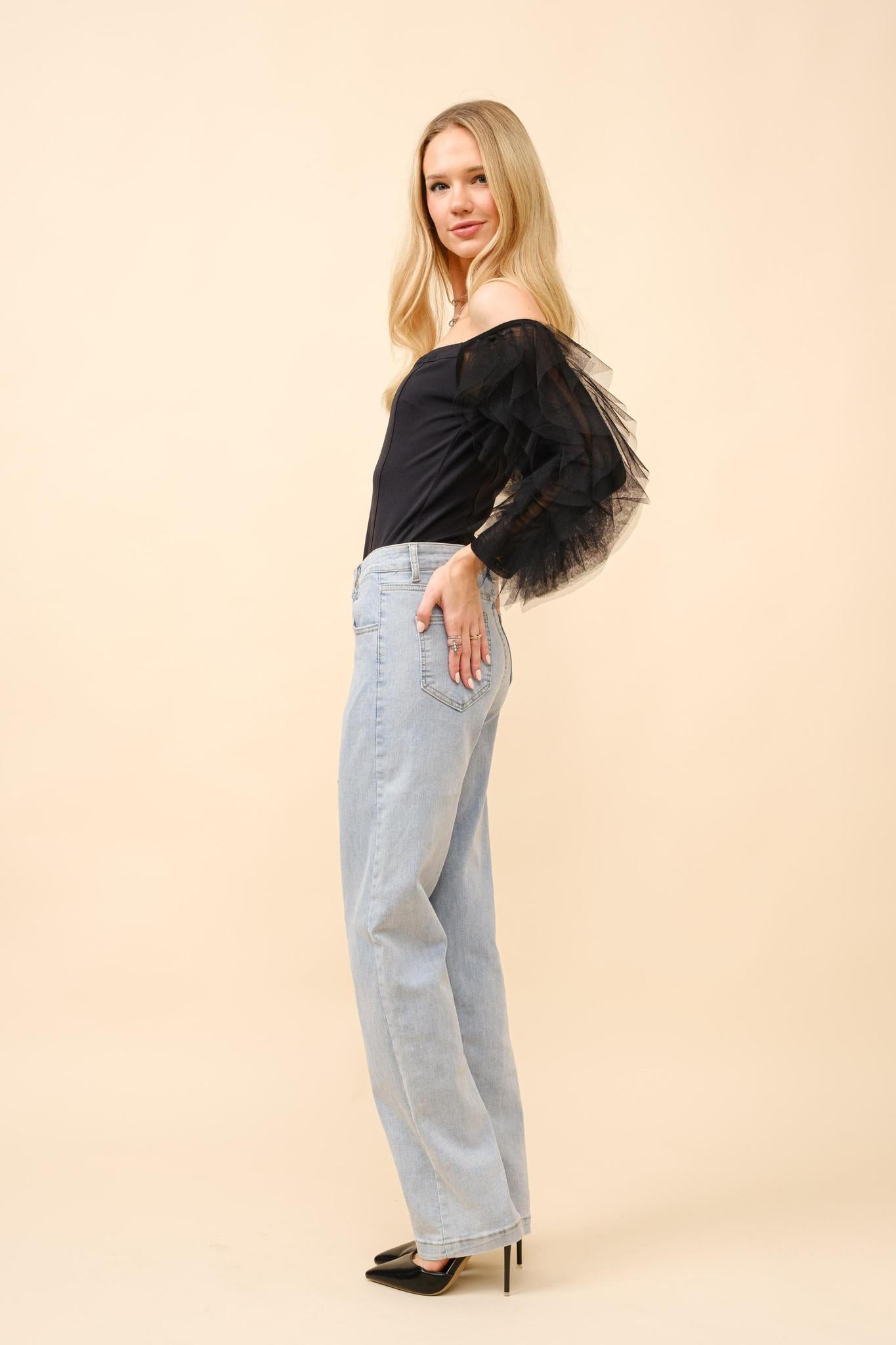 Tulle Ruffle Sleeve V-Wire Bodysuit