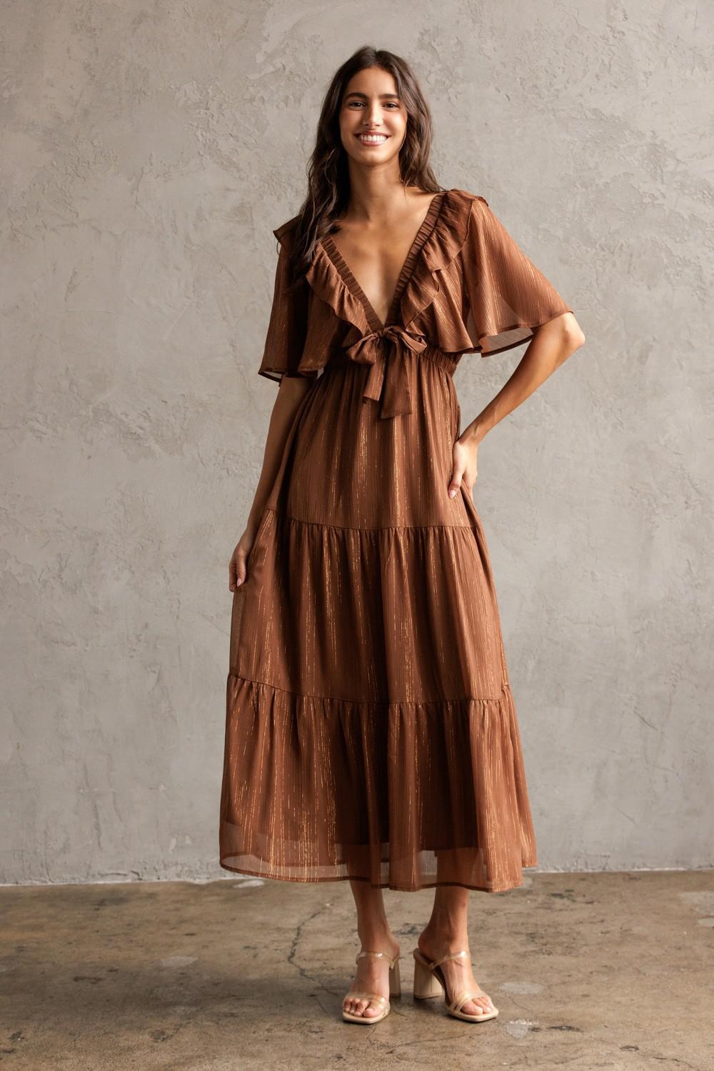 Shimmer Brown Metallic Tiered Midi Dress
