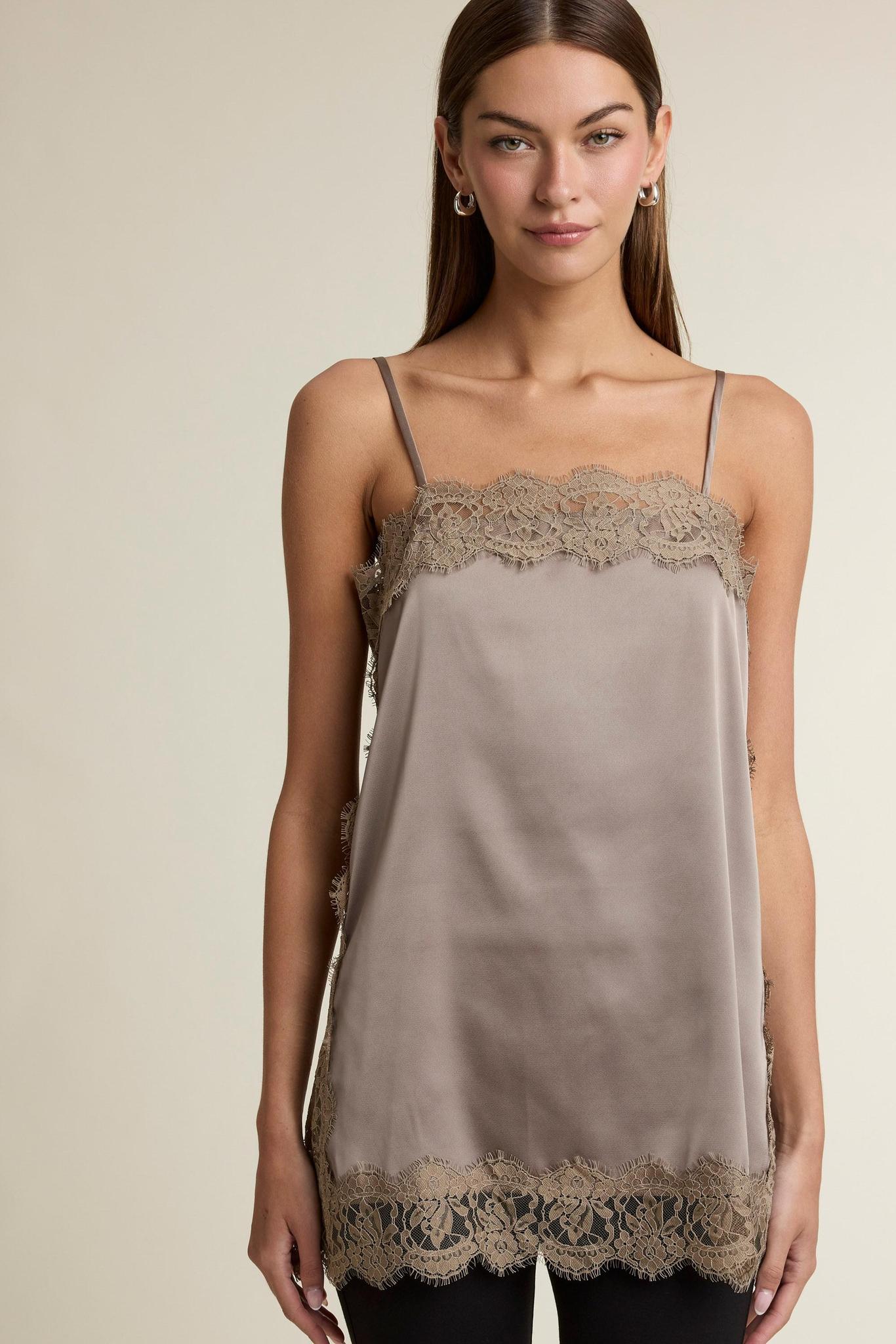 Adjustable Spaghetti Strap Lace Trim Satin Camisole Top