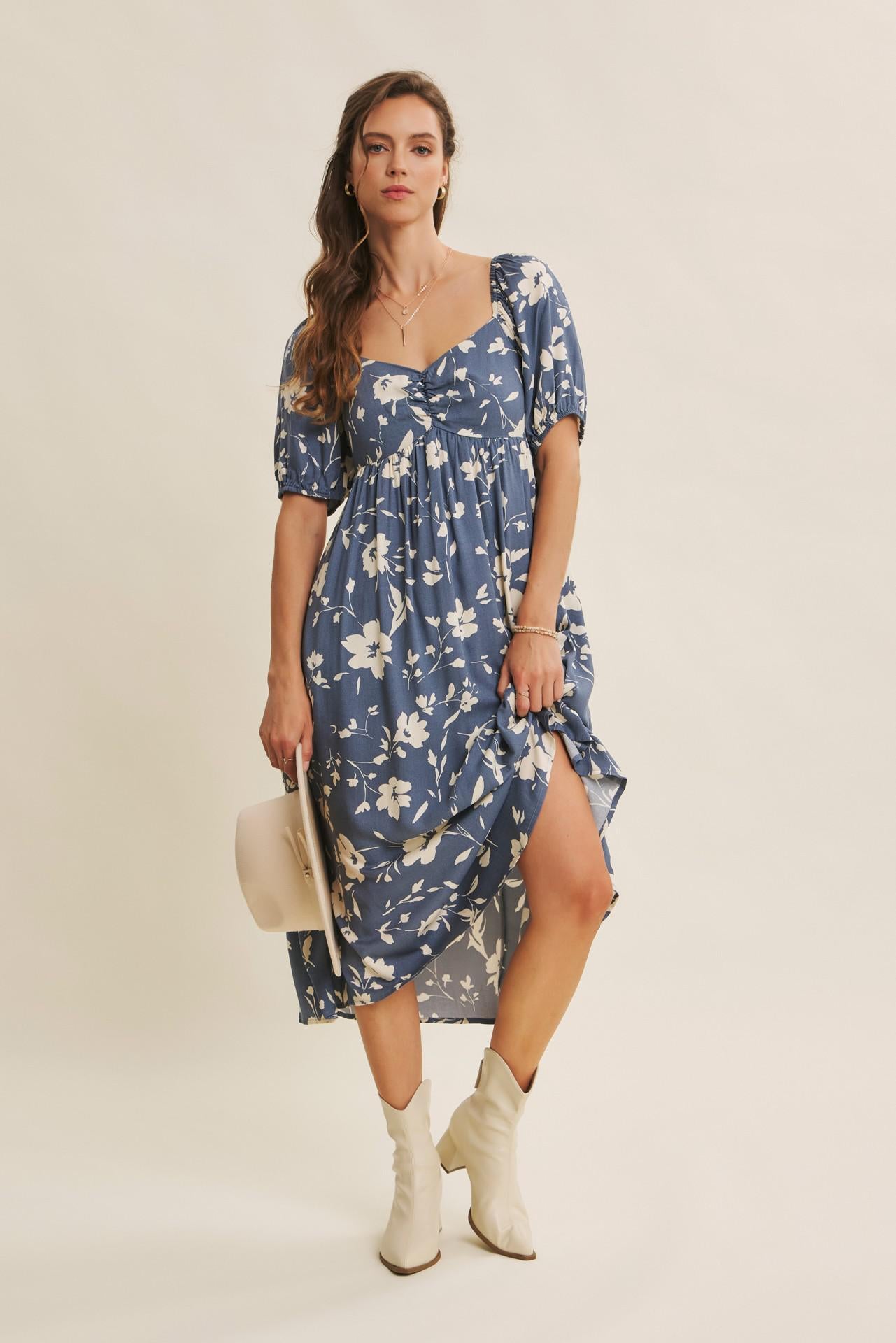 Vintage Denim Flowy Sweetheart Neck Midi Dress