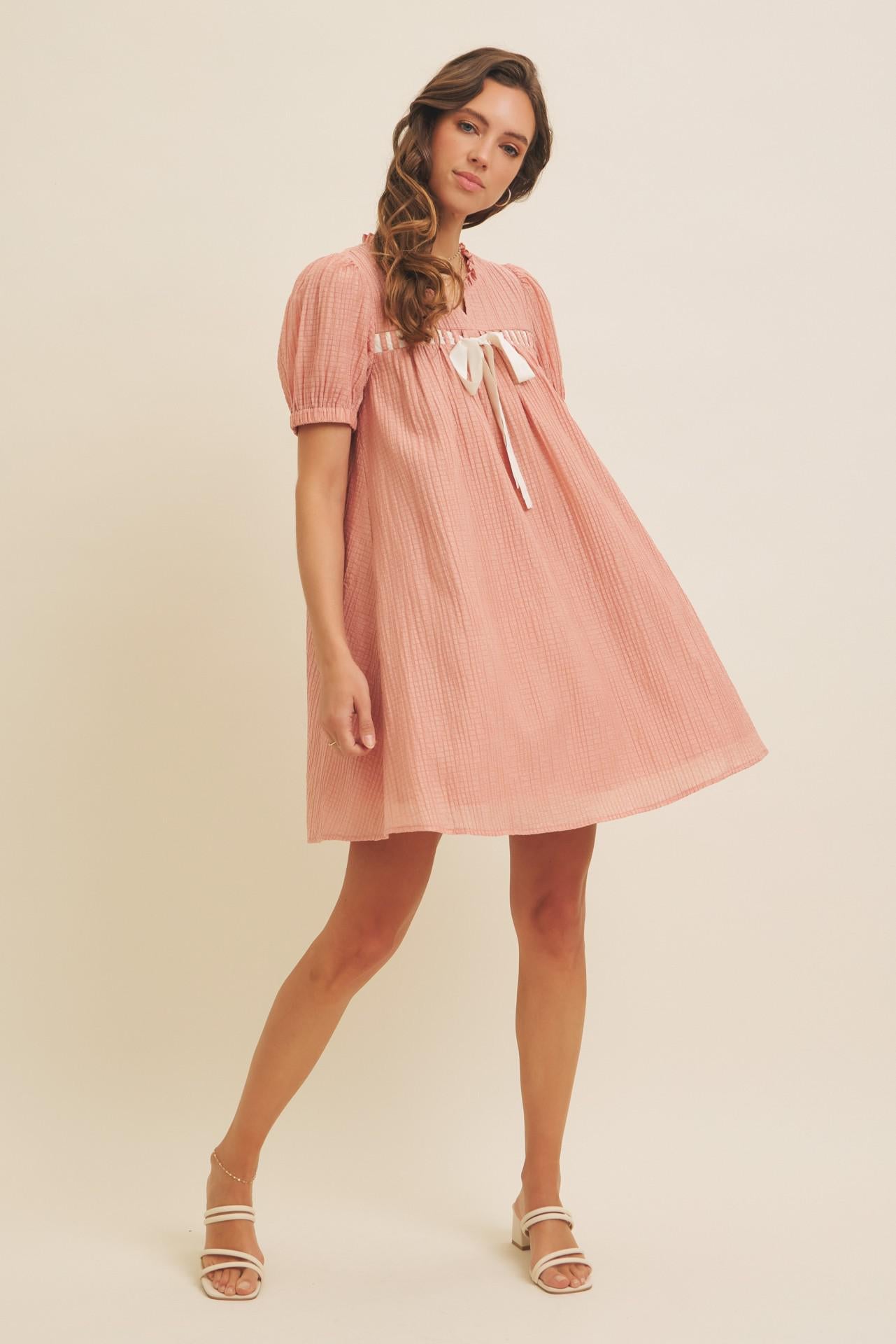 Textured Babydoll Mini Dress With Front Bow