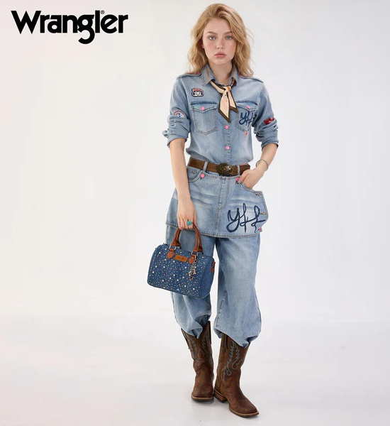 Wrangler Western Rhinestone Denim Boston Bag/Crossbody - Dark Jean