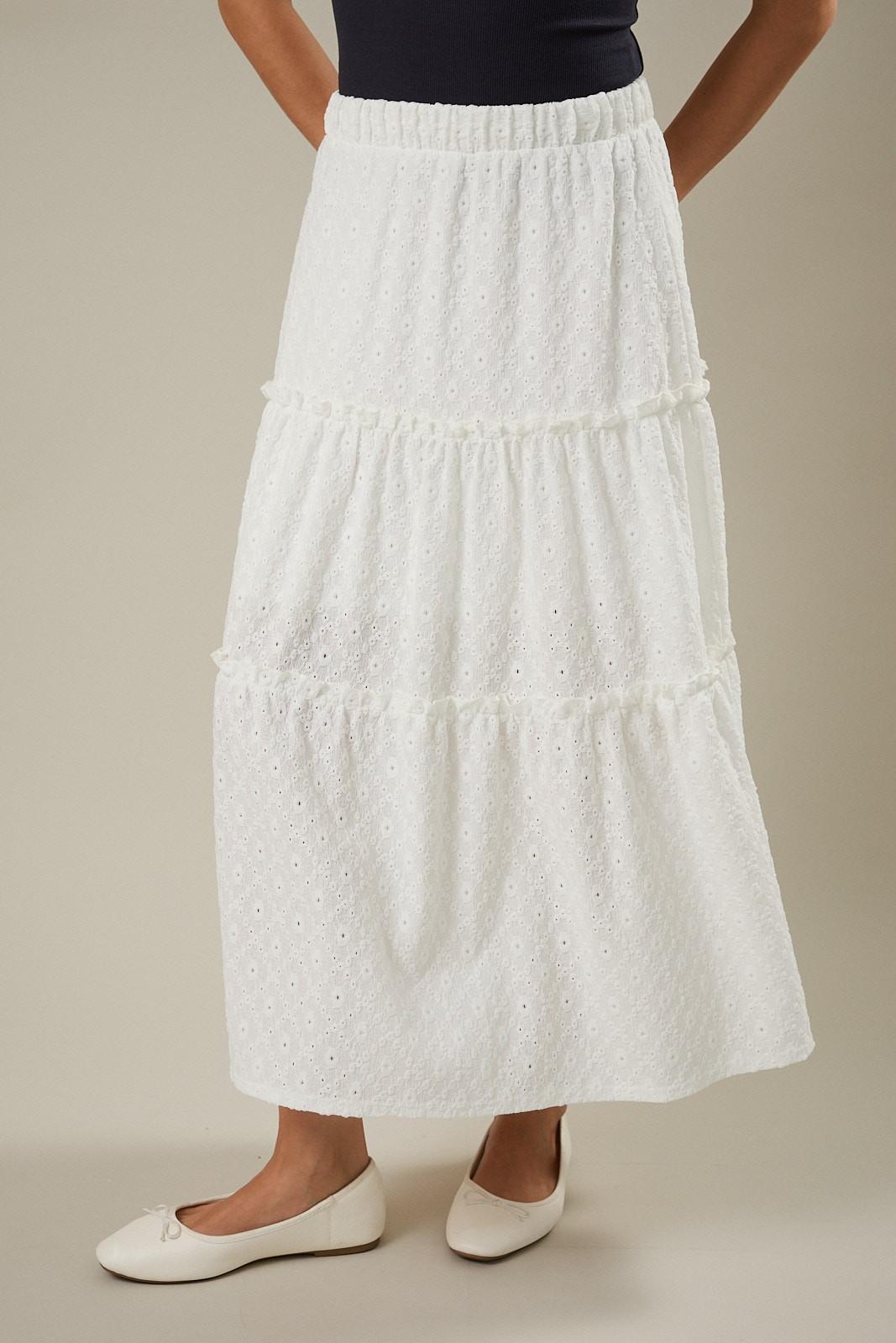 White Elastic Tiered Ruffle Maxi Skirt