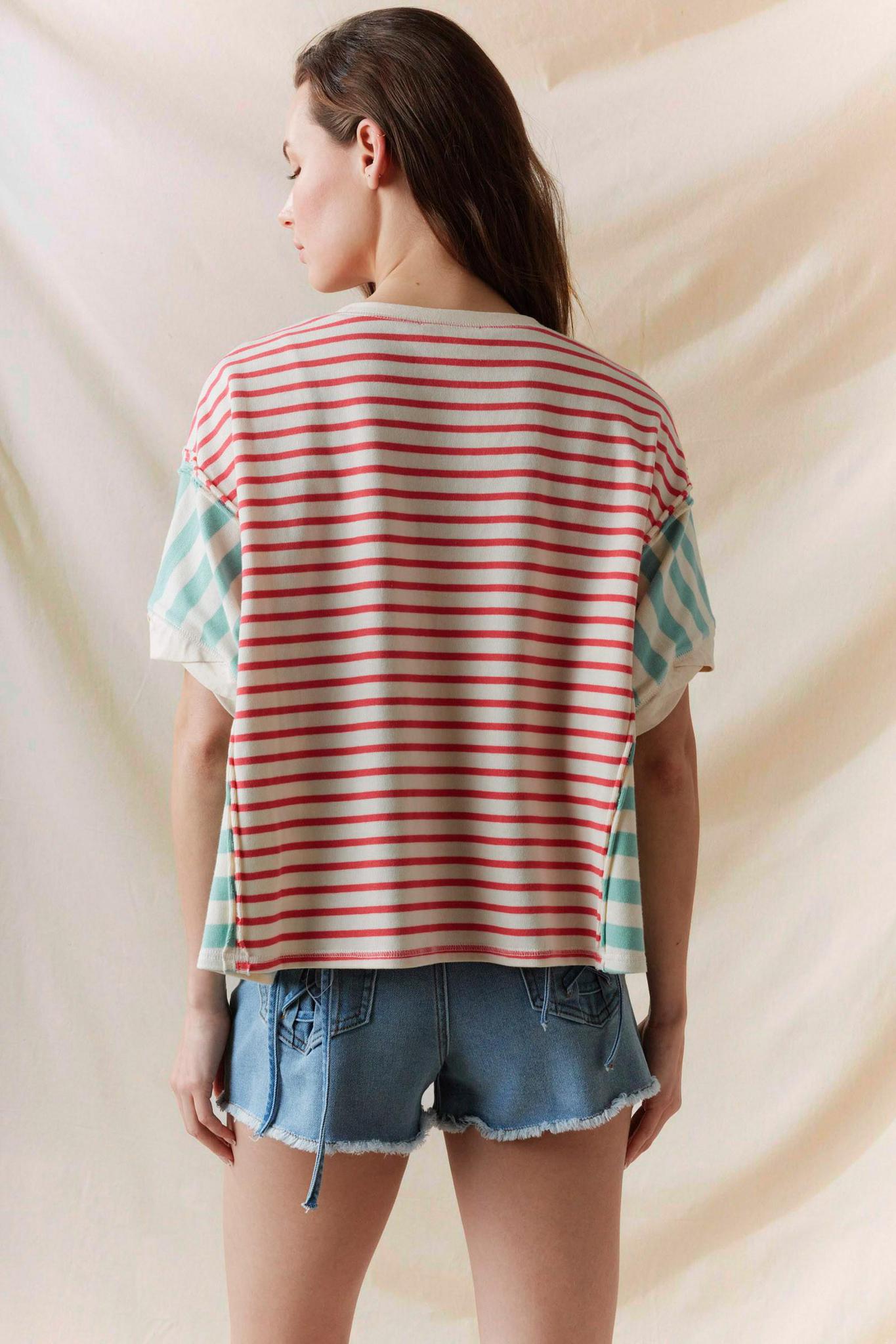 Coral/Mint Stripe Color Block Tee