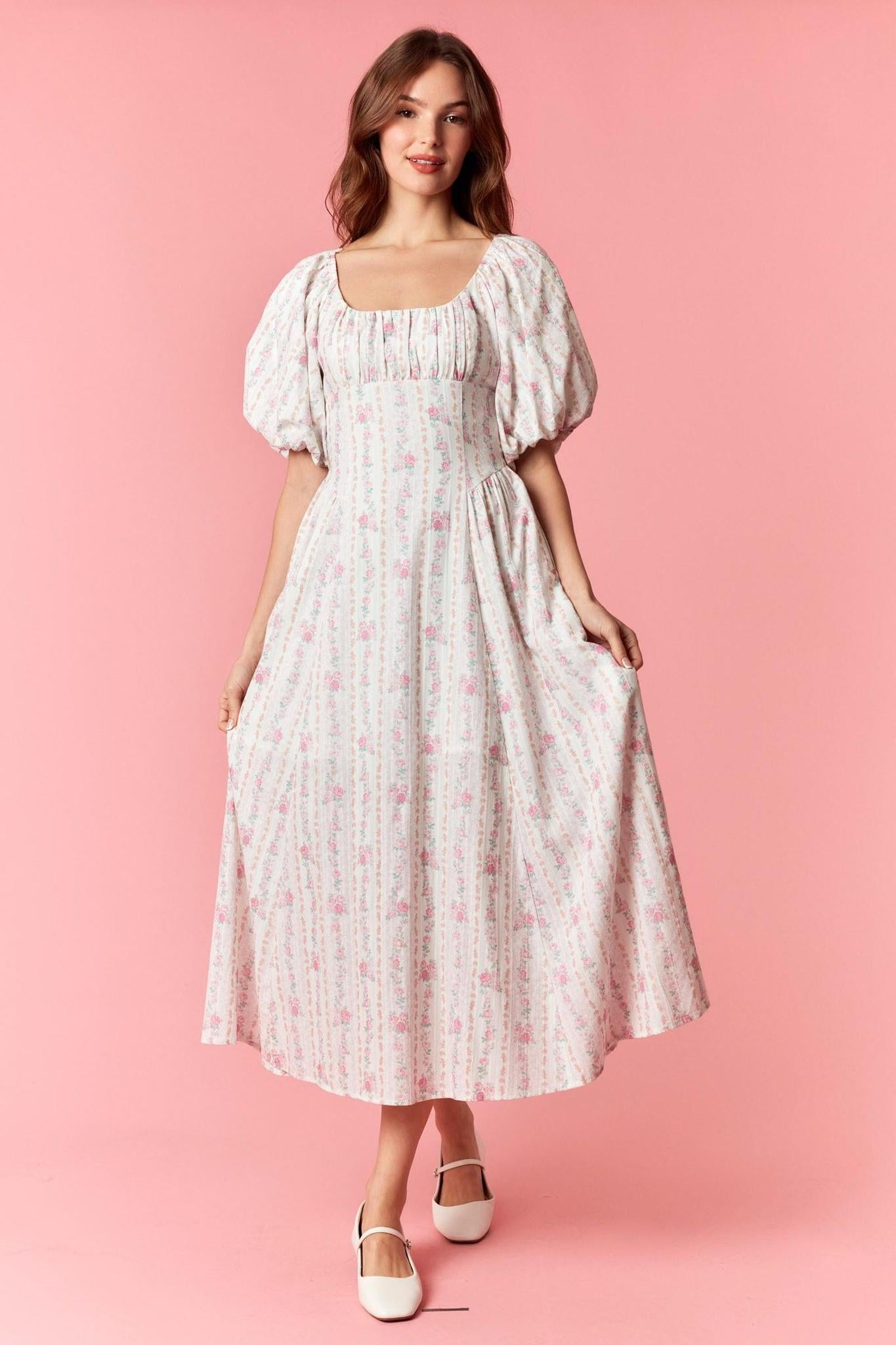 Striped Floral Bubble Sleeve Pleat Detail Dress
