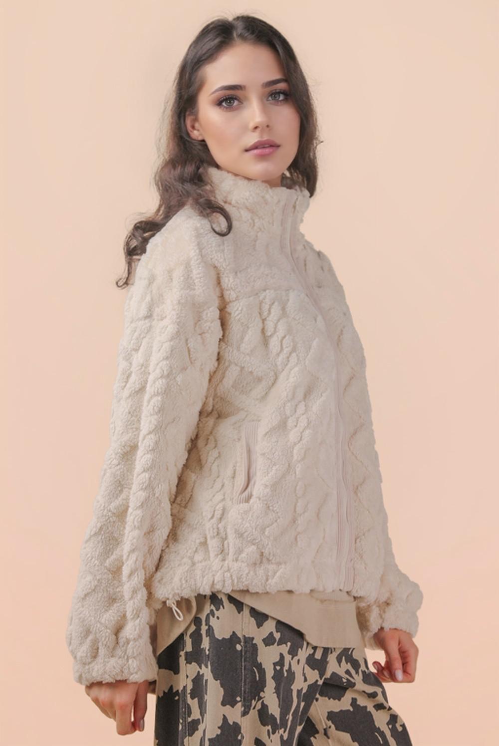 Ecru Fuzzy Fleece Cable Knit Pattern Jacket