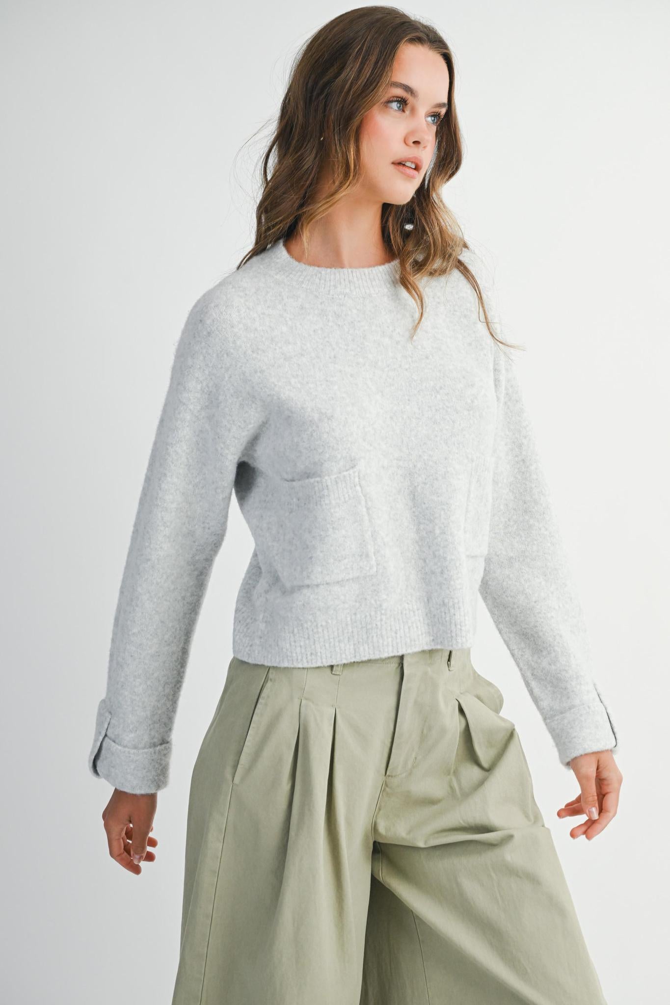 Grey Crew Neck Knit Sweater w/ Front Pockets
