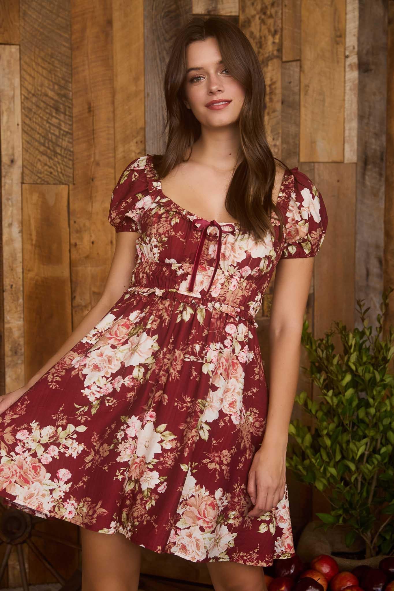 Burgendy Floral Ruffle Trim Velvet Mini Dress