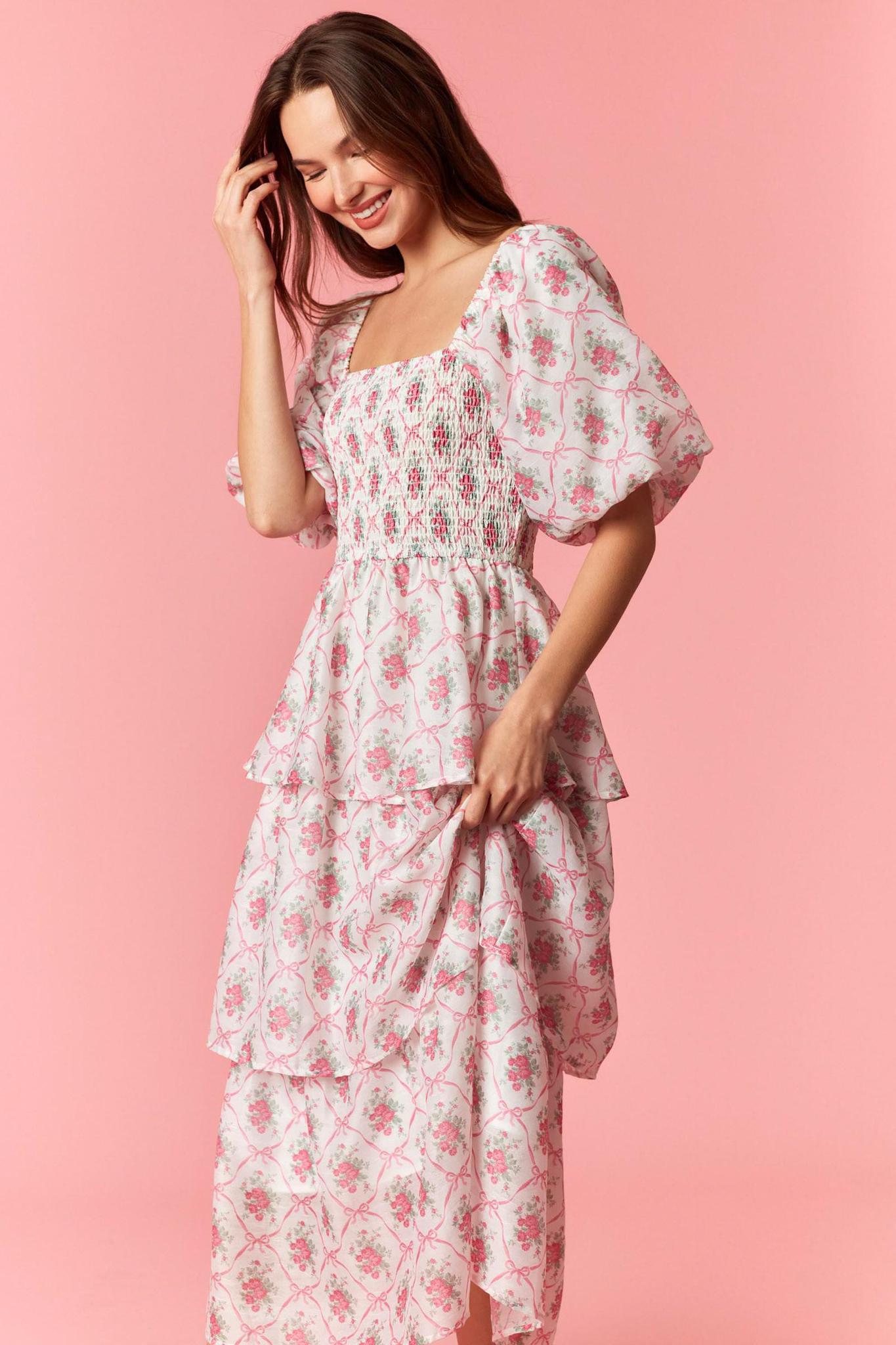 Floral Print Bubble Sleeve Tiered Midi Dress