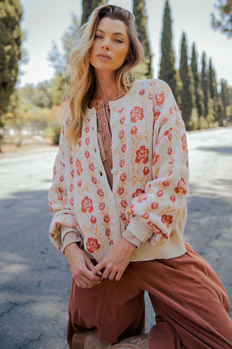 FLORAL PATTERN KNITTED SWEATER CARDIGAN