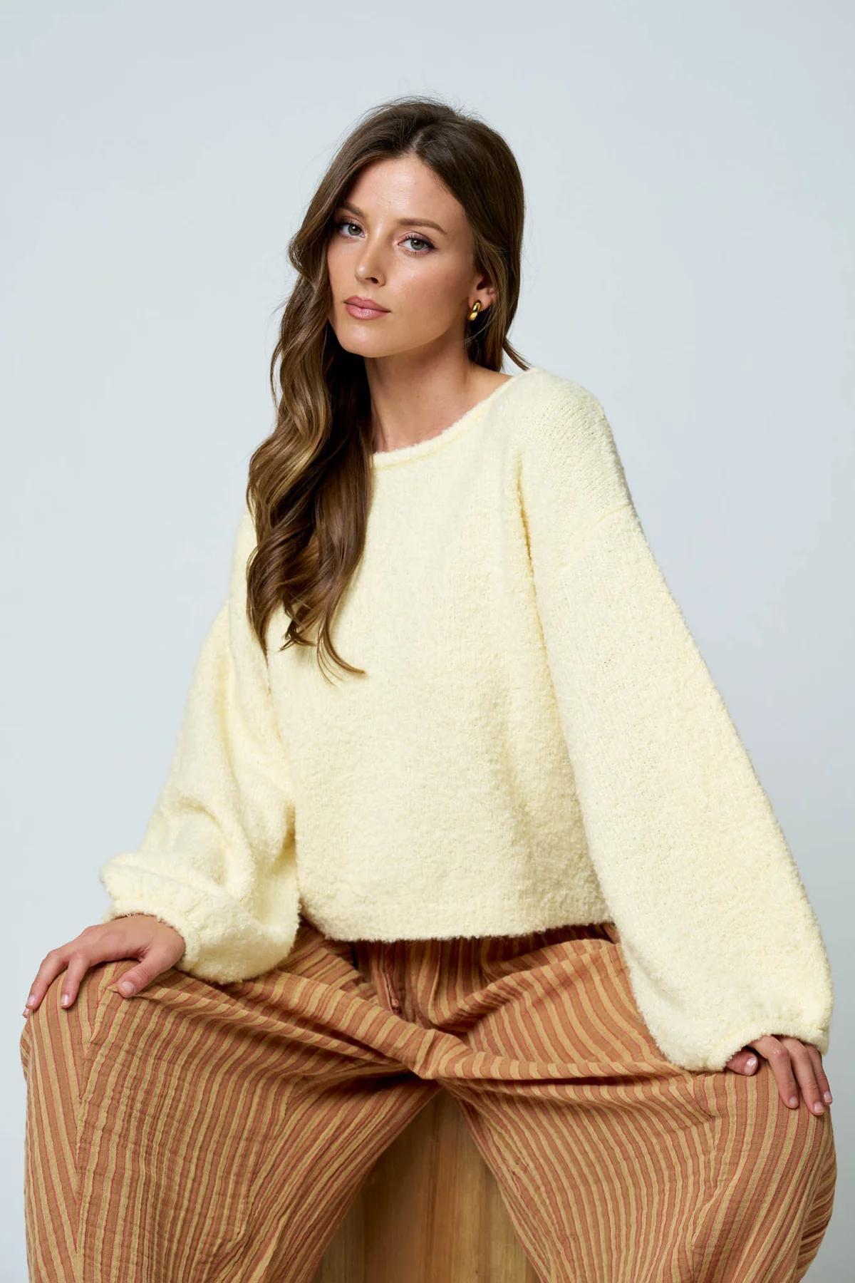 YELLOW LONG SLEEVE FUZZY KNIT PULLOVER SWEATER