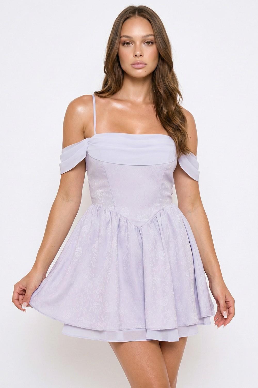 Lavendar Floral Jacquard Open Shoulder Mini Dress