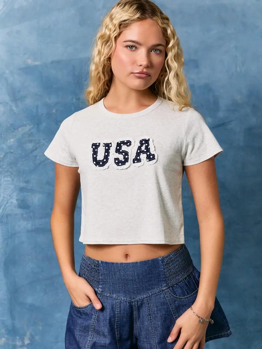 USA Contrast Lace Trim Short Sleeve Round Neck Baby Tee