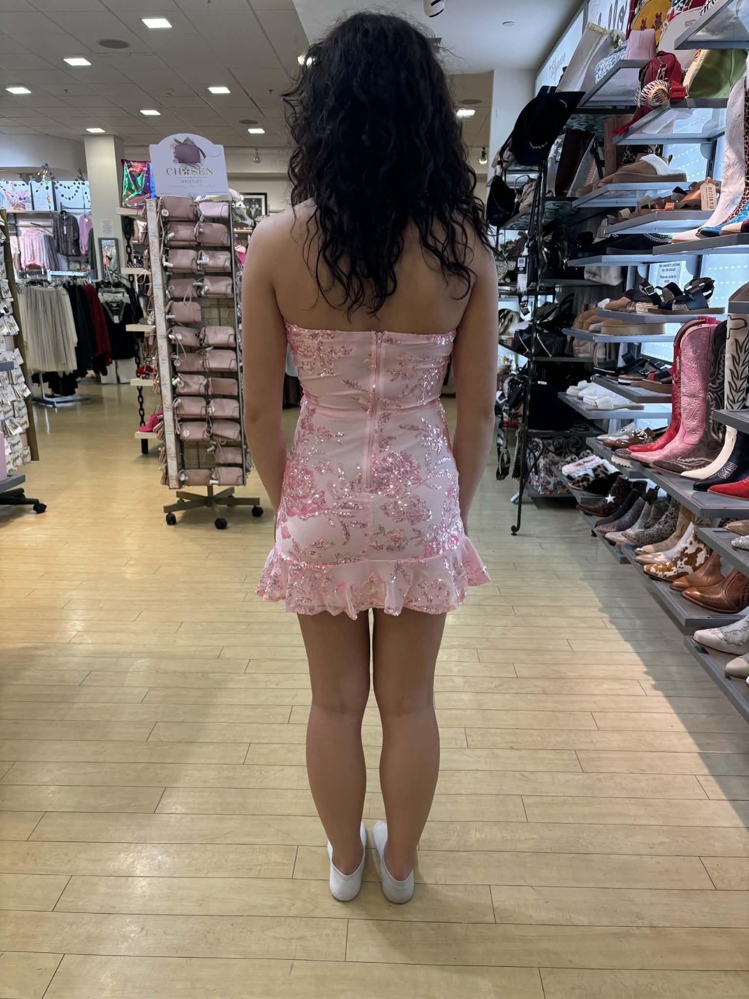 Pink Sequin Ruffle Detail Mini Dress