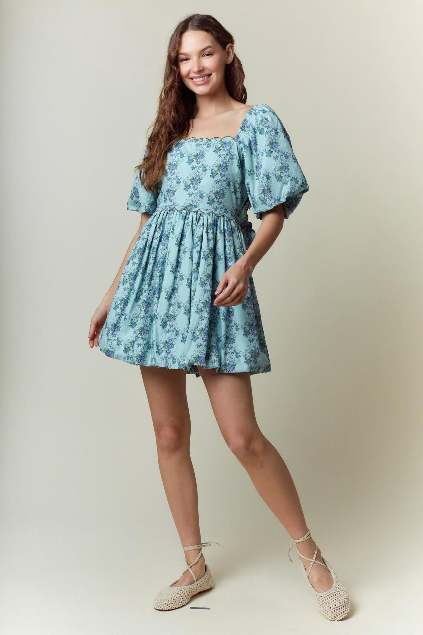 Emerald Floral Printed Scallop Embroidery Mini Dress