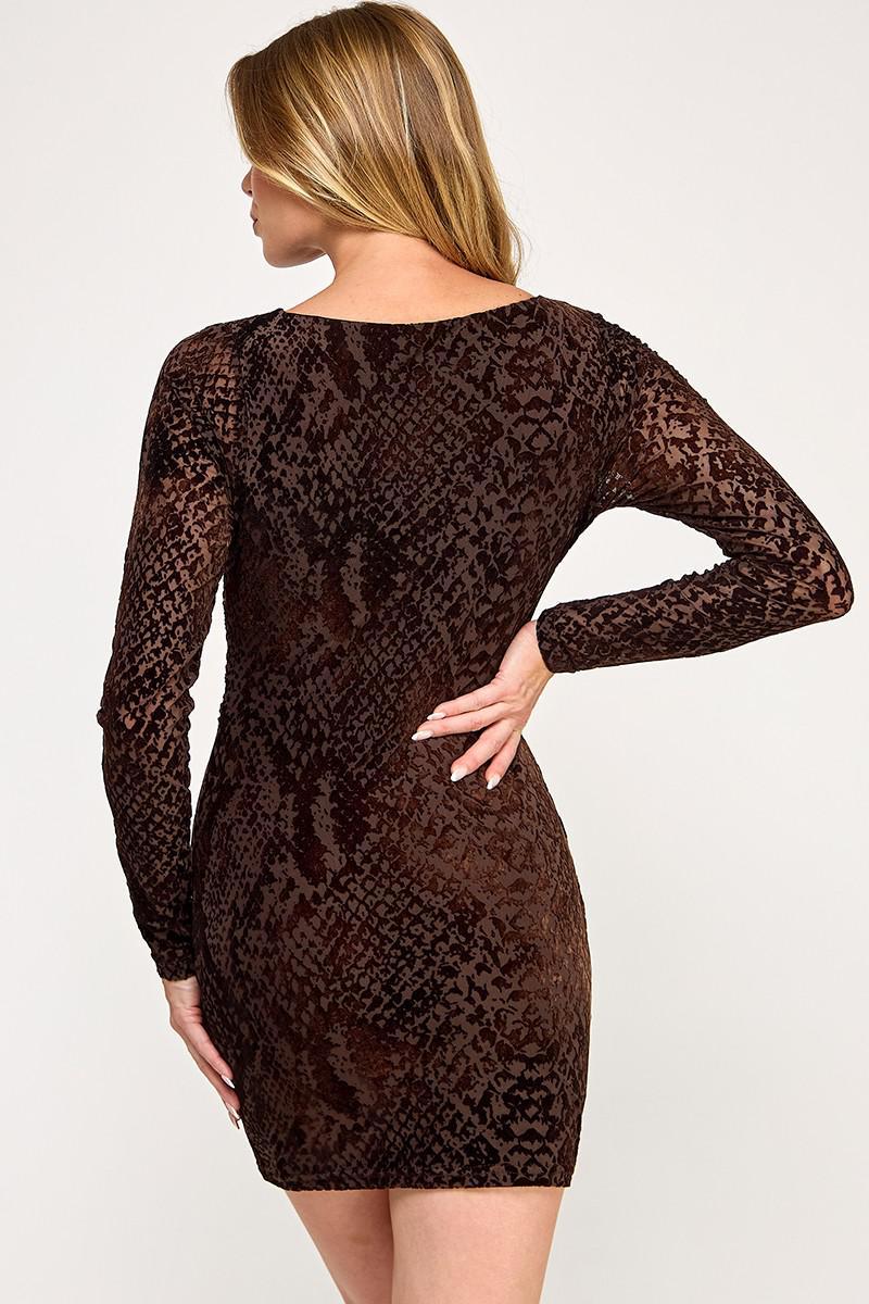 Dark Brown Mesh Long Sleeve Mini Dress