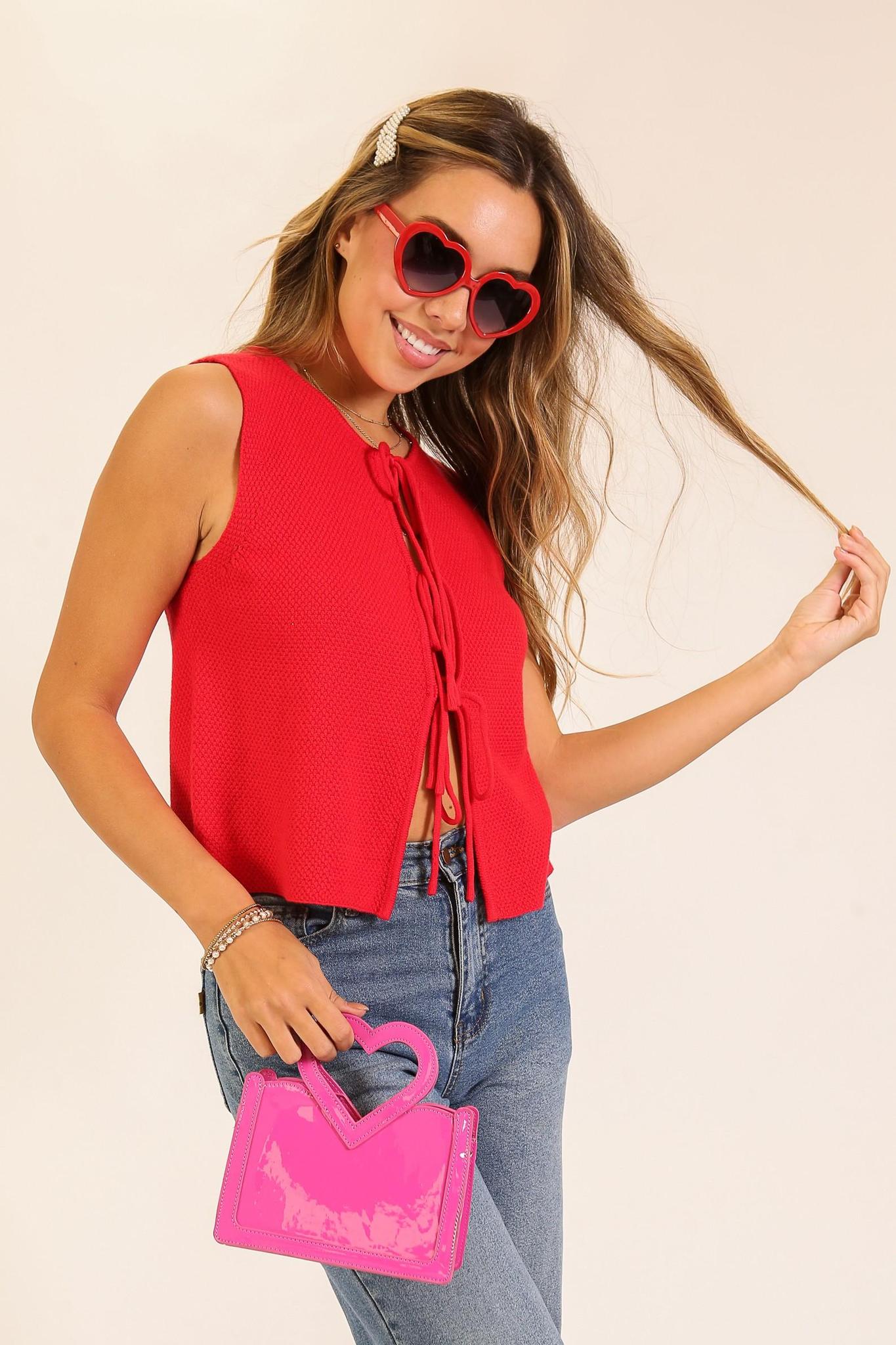 Festive Tie-front Sweater Vest - Red