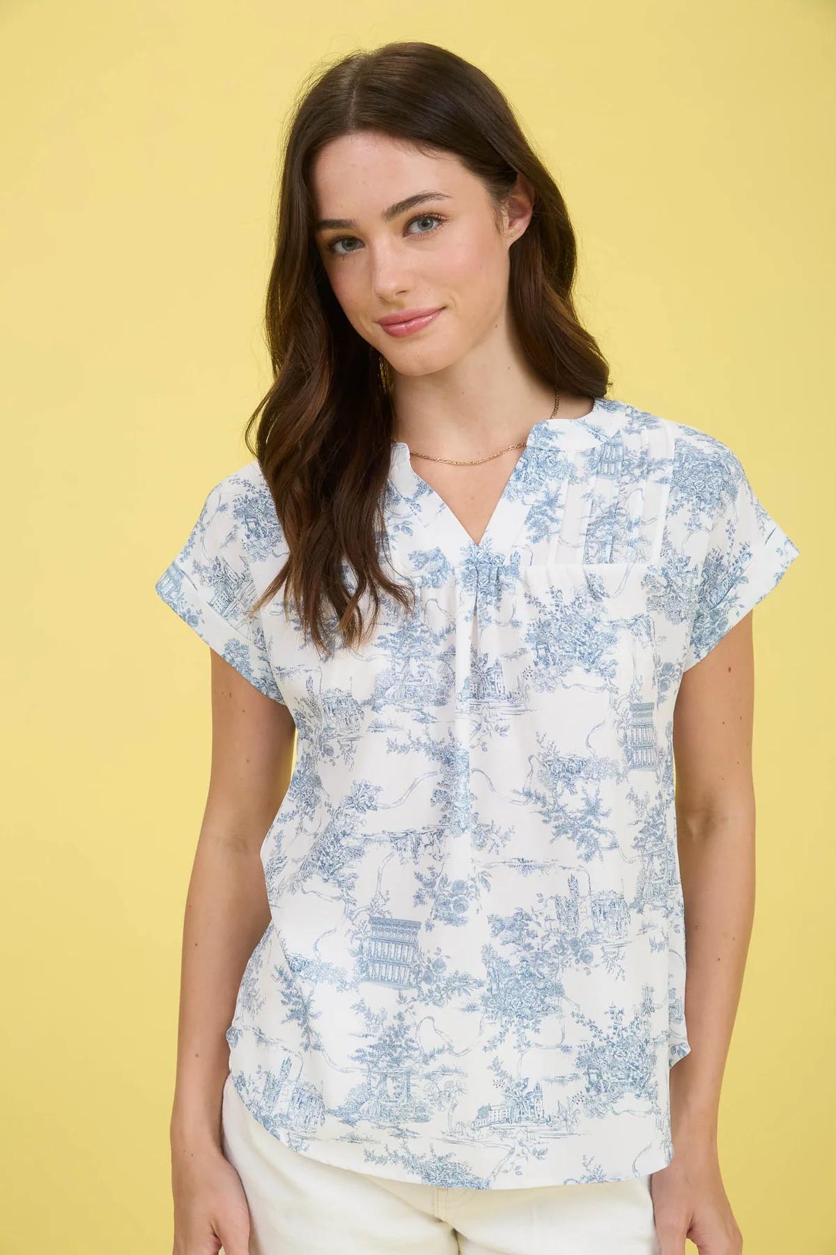 TOILE PRINT YOKE DETAIL SHORT SLEEVE TOP
