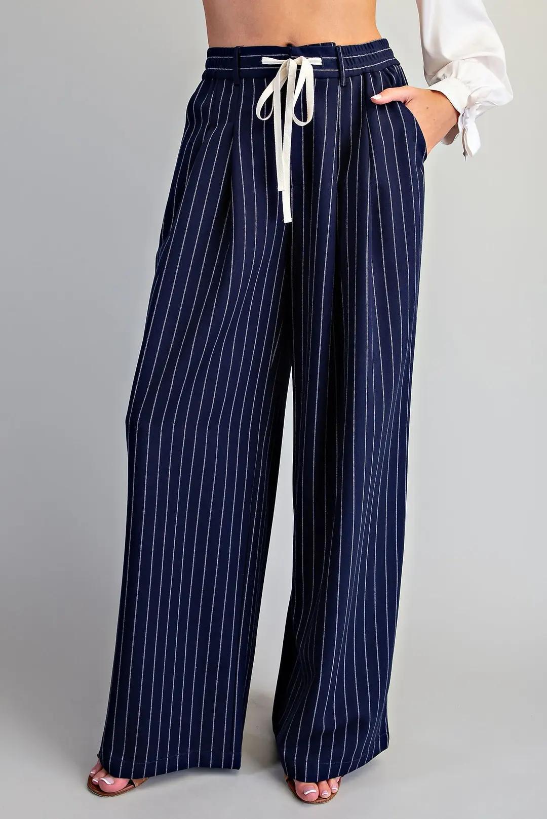 Navy Pinstriped Front Tie Pants