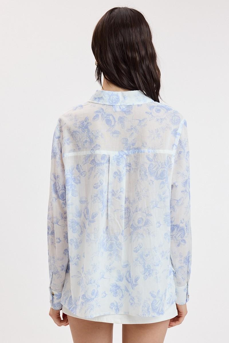 Blue Cotton Floral Front Button Down Blouse