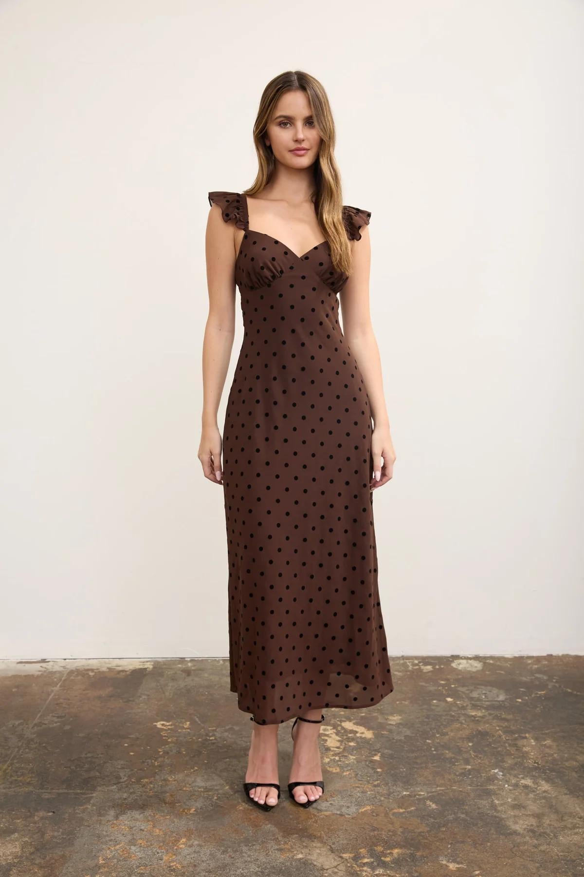 BROWN POLKA DOT FLOCK SWEETHEART MIDI DRESS