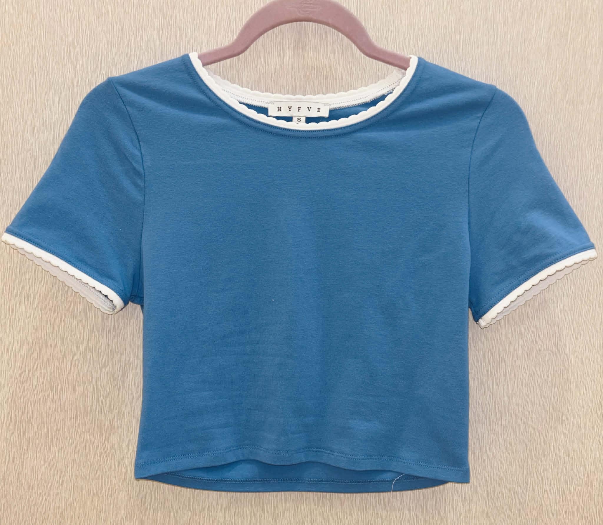 Blue Lace Trimmed Crew Crop Top