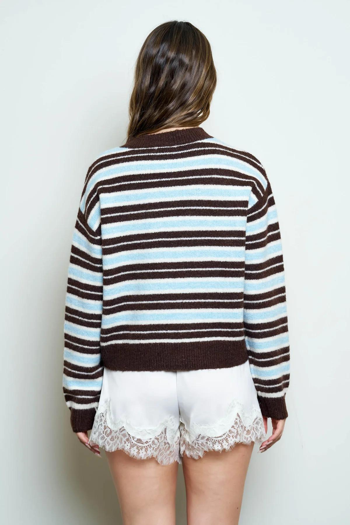 LIGHT BLUE MULTI-COLOR STRIPE CREWNECK KNIT SWEATER
