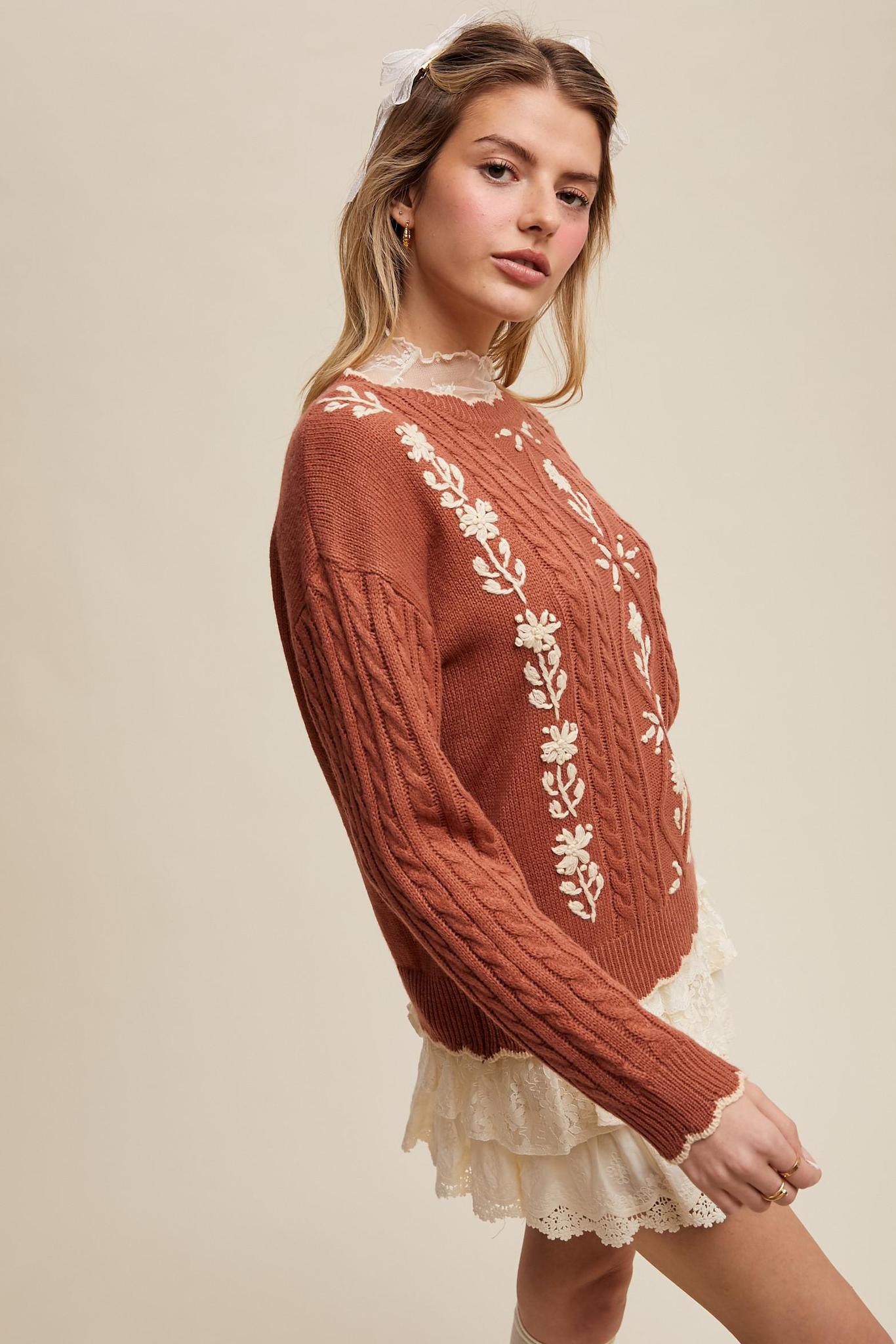 Floral Embroidered Cable Knit Sweater