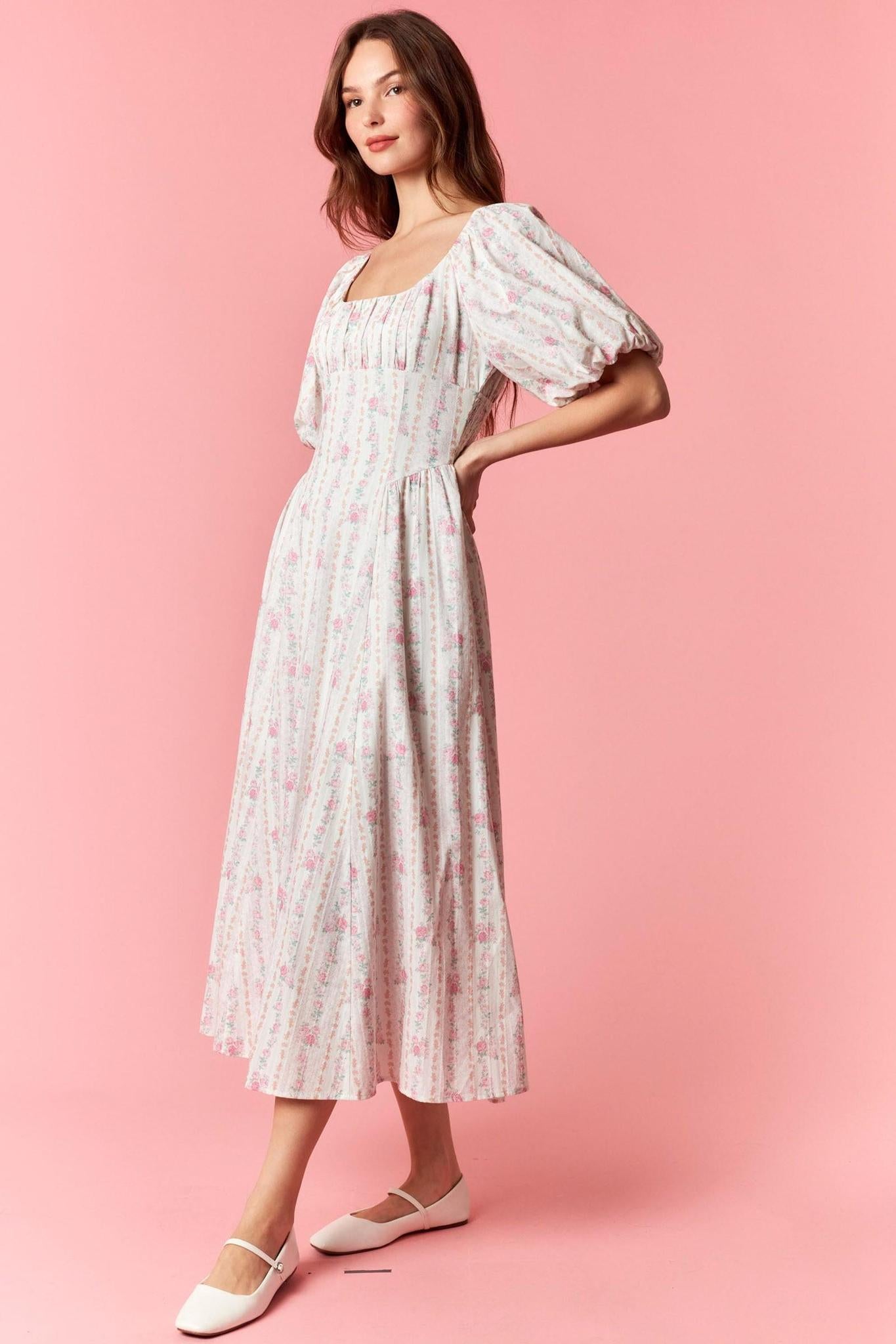 Striped Floral Bubble Sleeve Pleat Detail Dress