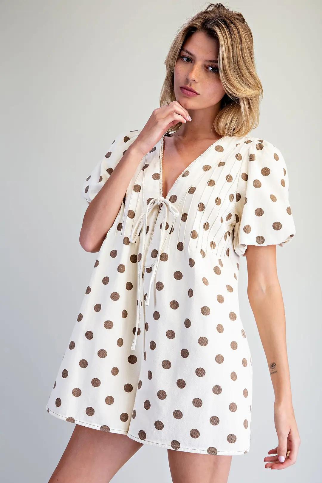 Oatmeal Mineral Washed Polka Dot Pleated Romper