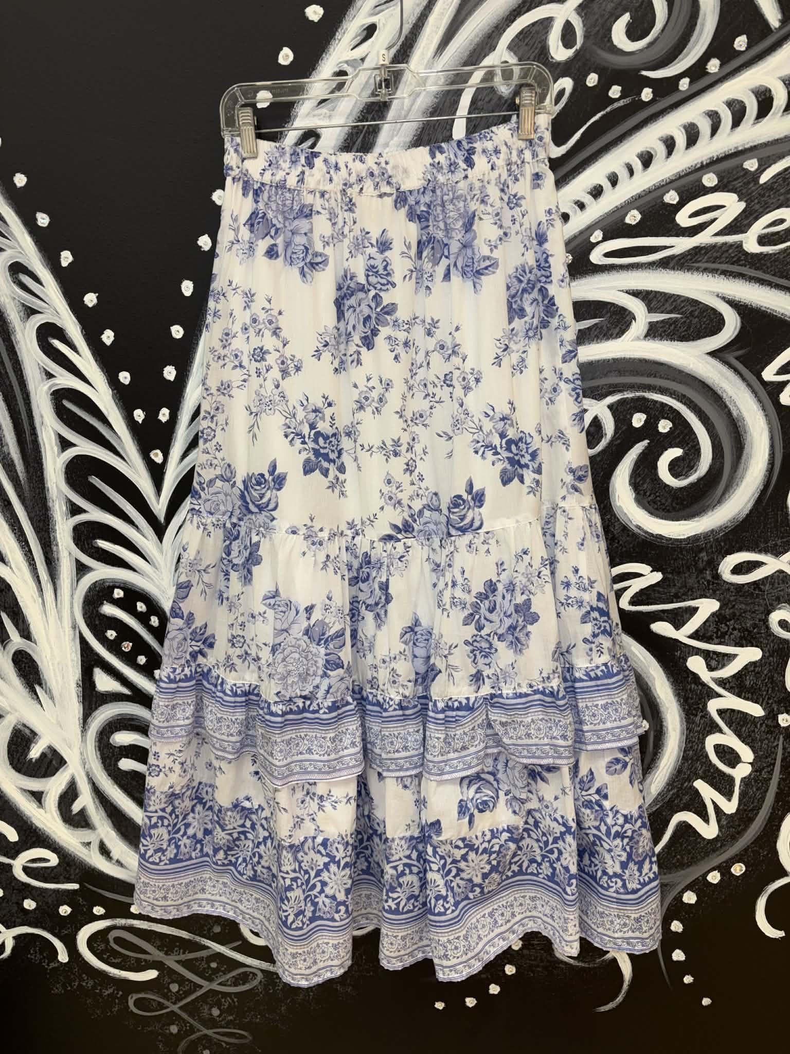 White & Blue Floral Tiered Maxi Skirt