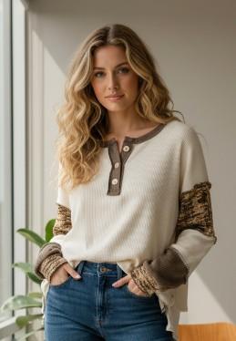 Brown Mixed Fabric Henley Top