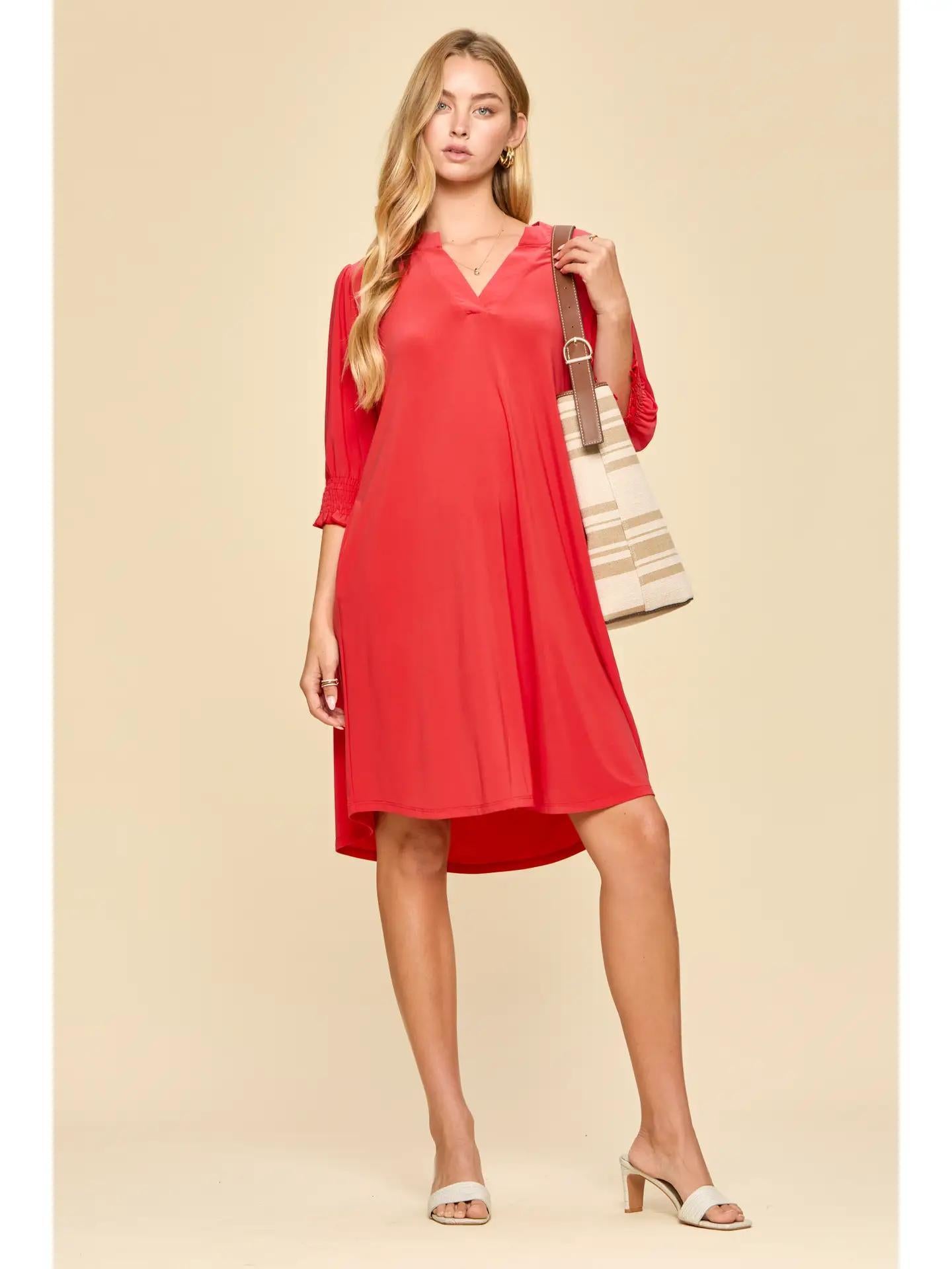 Tomato Red Smocked Sleeve Lizzy Collar Shirt Dress