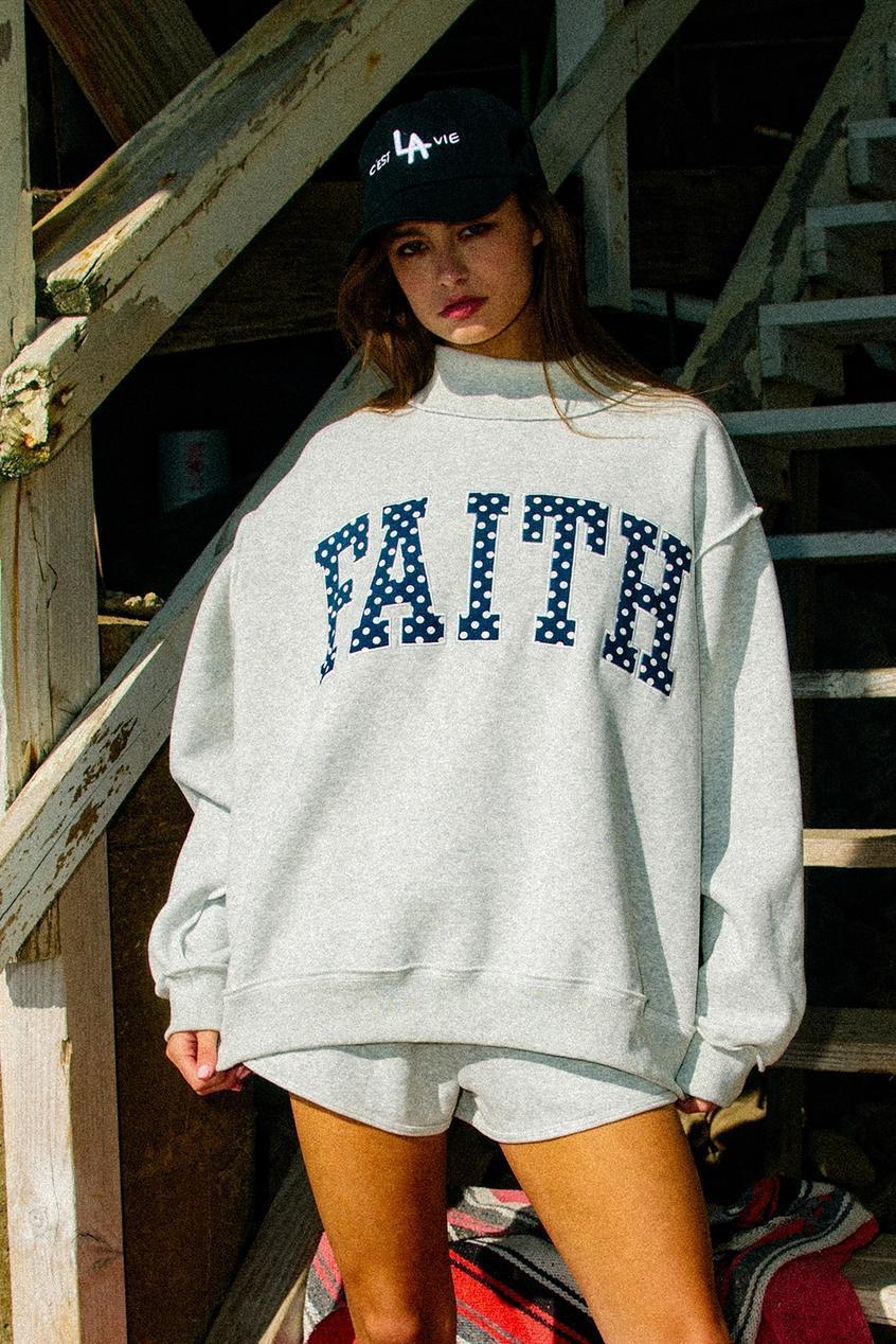 "Faith" Embroidered Polka-Dot Mock Neck Sweatshirt